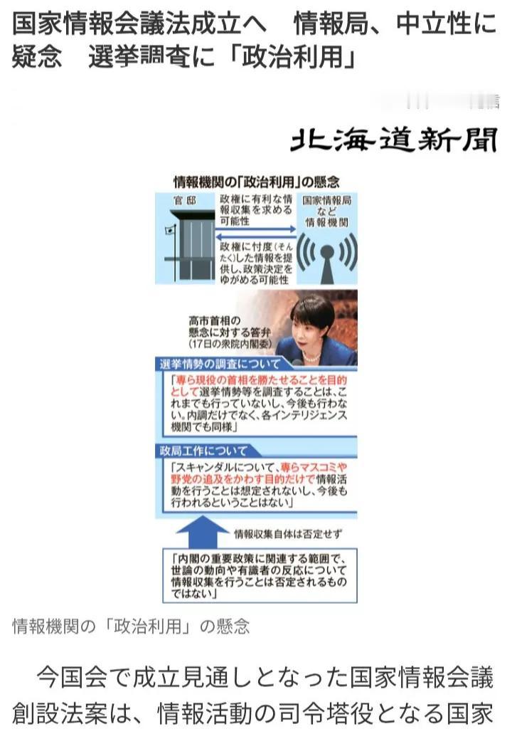 日本《北海道新闻》就质疑日本版“中央情报局”会被现政府“政治利用”，缺乏中立性。