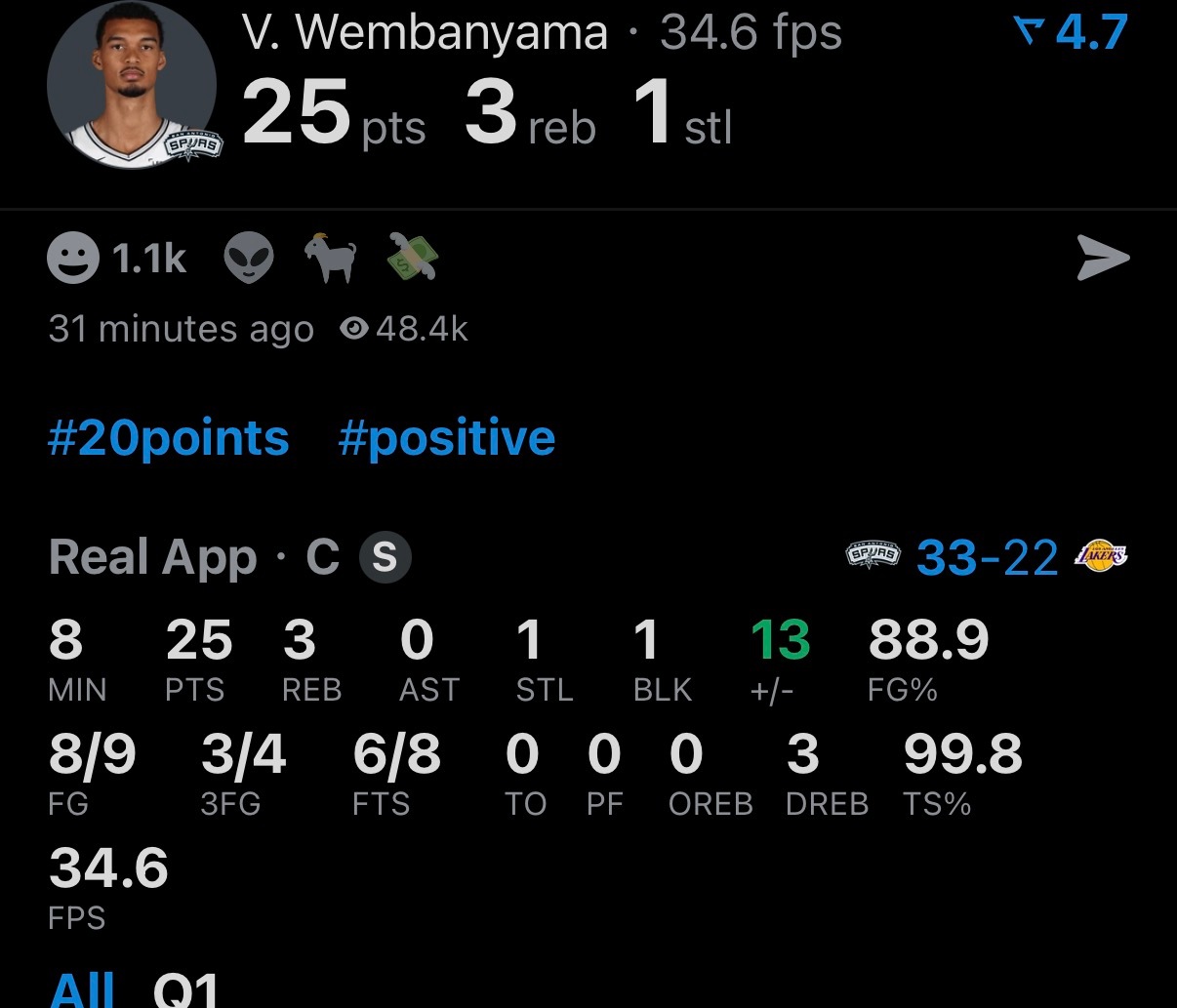 文班亚马第一节打了8分钟9中8拿到25分………太逆天了 