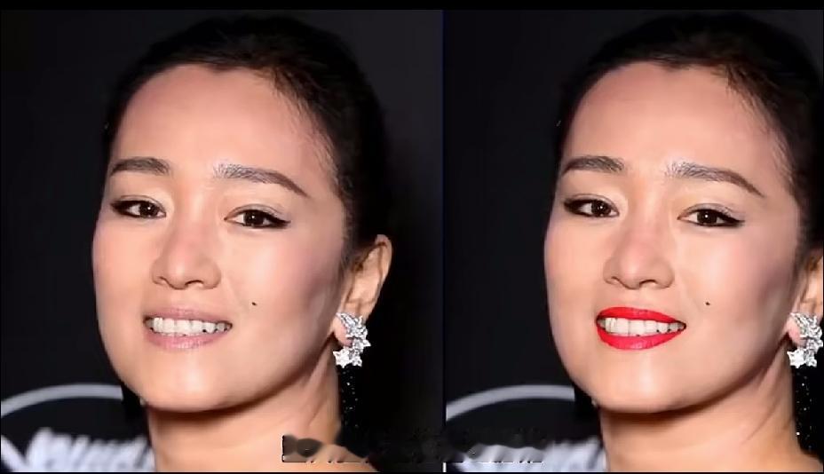 巩俐一直都是淡妆出镜，嘴唇也是裸色，原来她化着浓妆，涂上鲜艳的口红，反而没有嘴唇