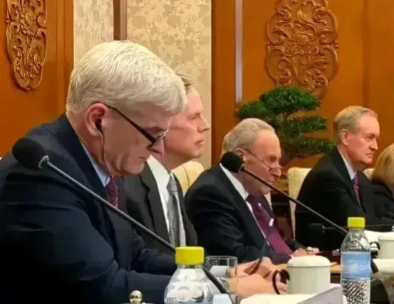 美国多数党领袖舒默一行在中国访问时的照片，看着他们自以为是一副居高临下的姿态，以