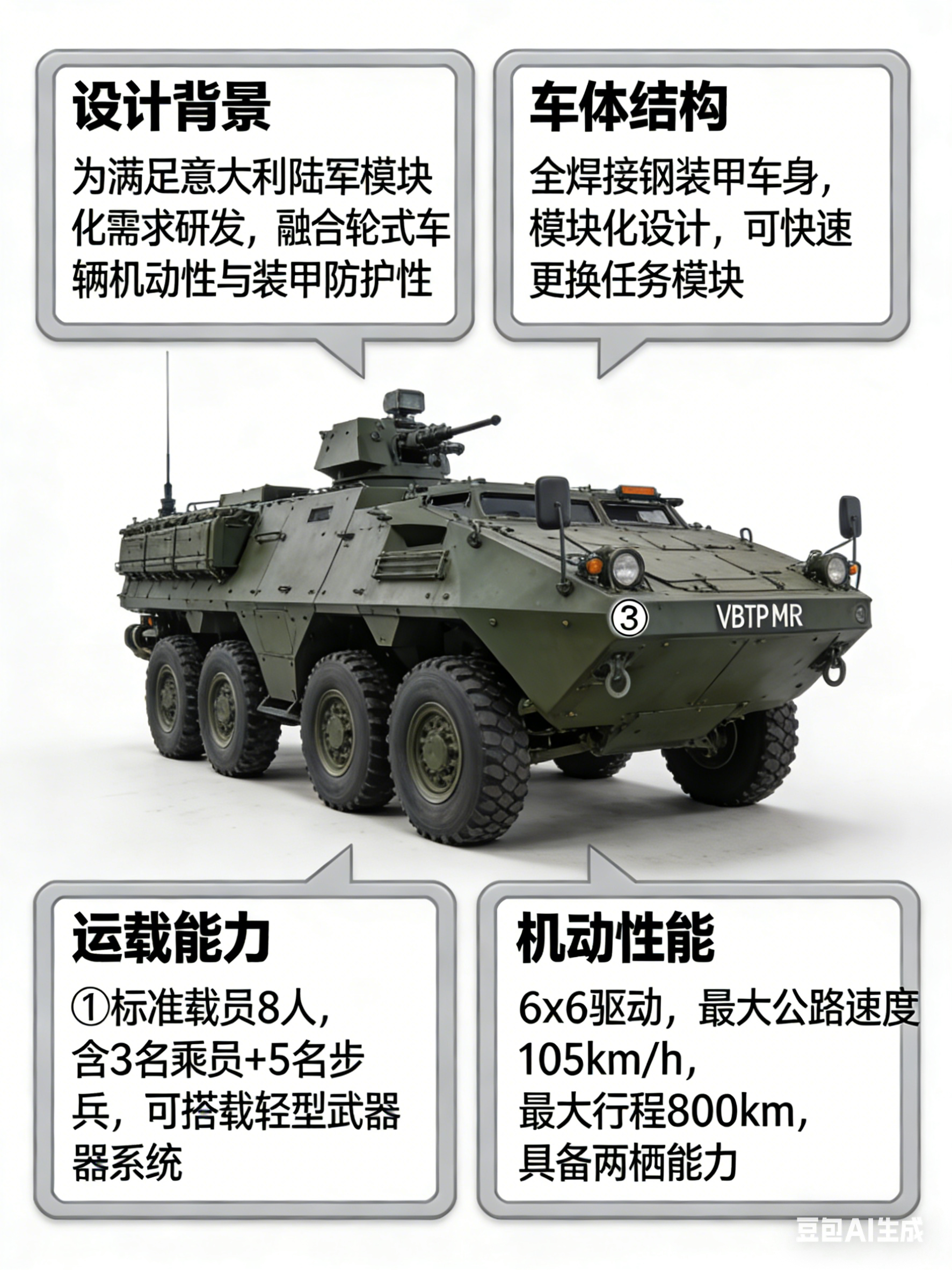 军事ai新视野 意大利VBTP-MR装甲车VBTP-MR是意大利依维柯公司专为巴