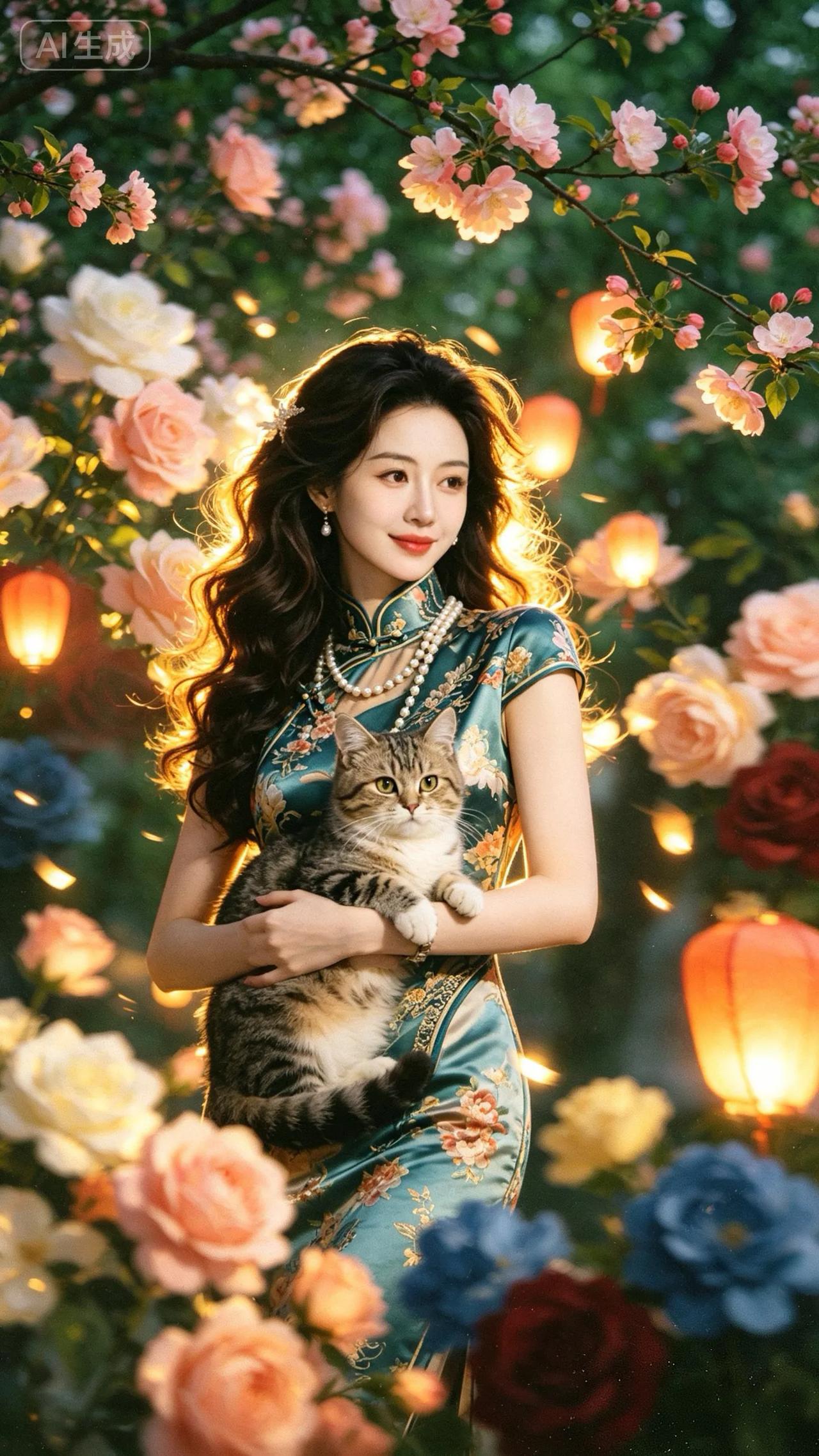 七绝●和睦温馨  

树挂灯笼火粉红，
繁花闪亮站其中。
旗袍美女猫儿抱，
可爱