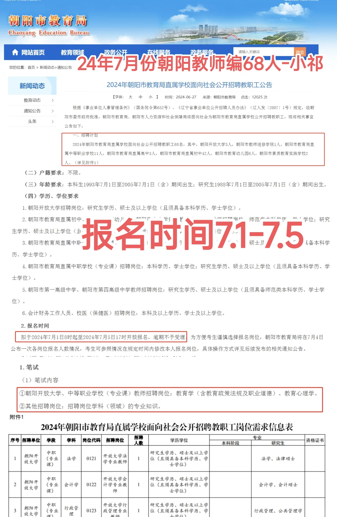 24年辽宁7月份事业单位招考-朝阳68人