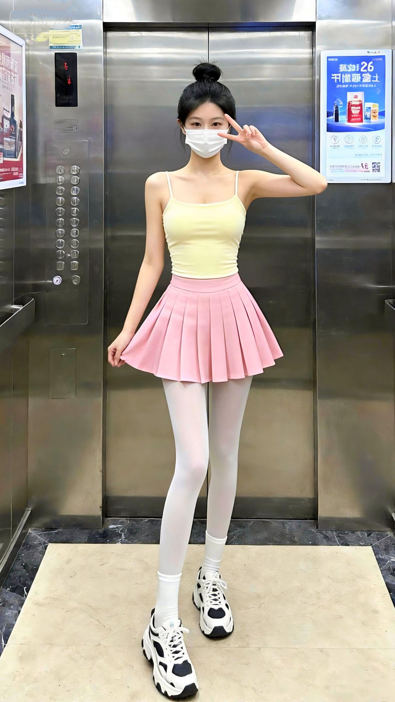 辣妹百褶裙 活力少女穿搭 电梯拍照 女大穿搭日常