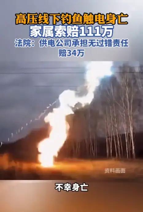 男子高压线下方钓鱼触电死亡，家属索赔百万 一审：供电公司承担无过错责任，赔偿34