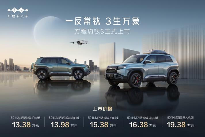 比亚迪方程豹钛3正式上市，13.38万起
 
4月16日，比亚迪个性化品牌方程豹