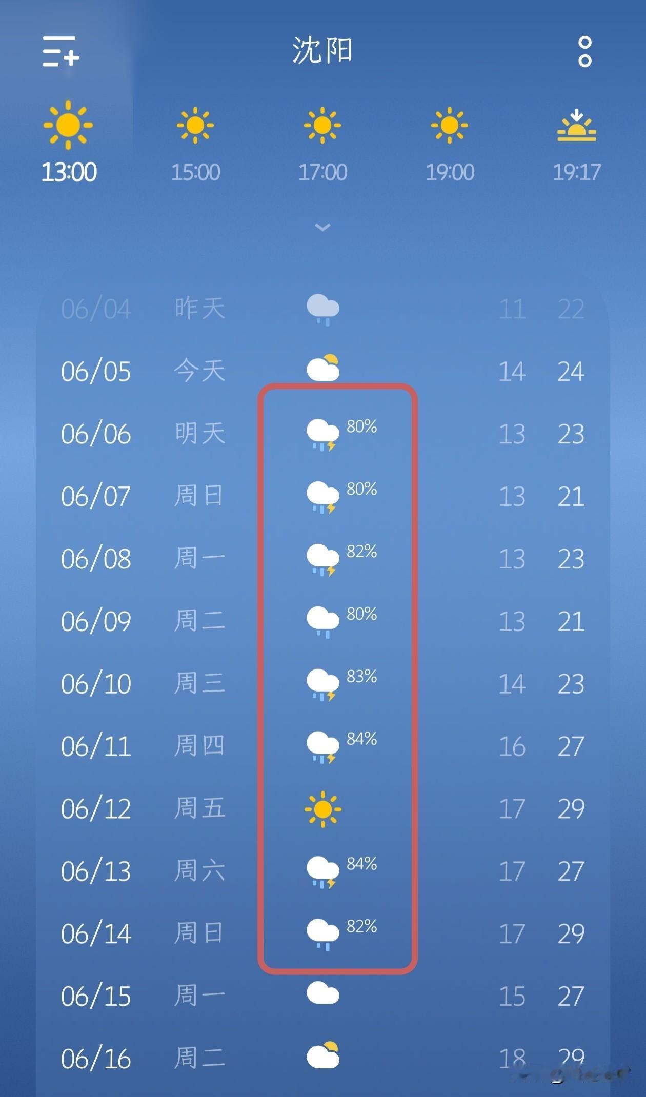 沈阳未来一周多雨，出行常备雨具…
 
据天气预报显示，沈阳从6月6日起将迎来一轮