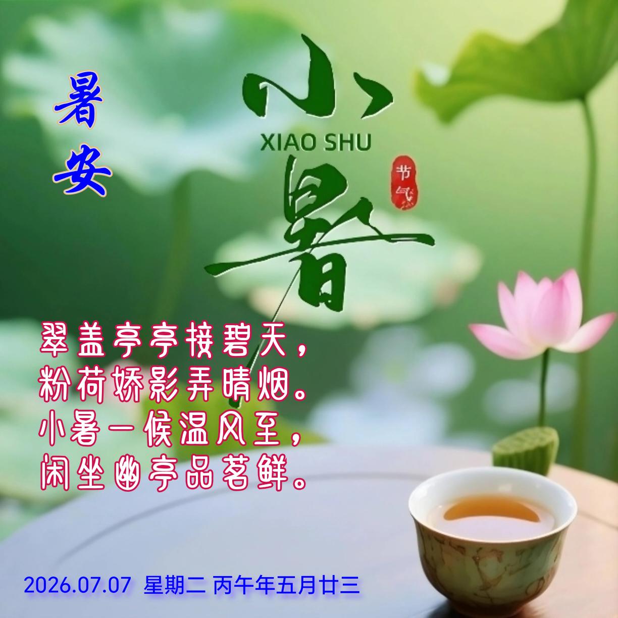 《小暑》
翠盖亭亭接碧天，
粉荷娇影弄晴烟。
小暑一候温风至，
闲坐幽亭品茗鲜。