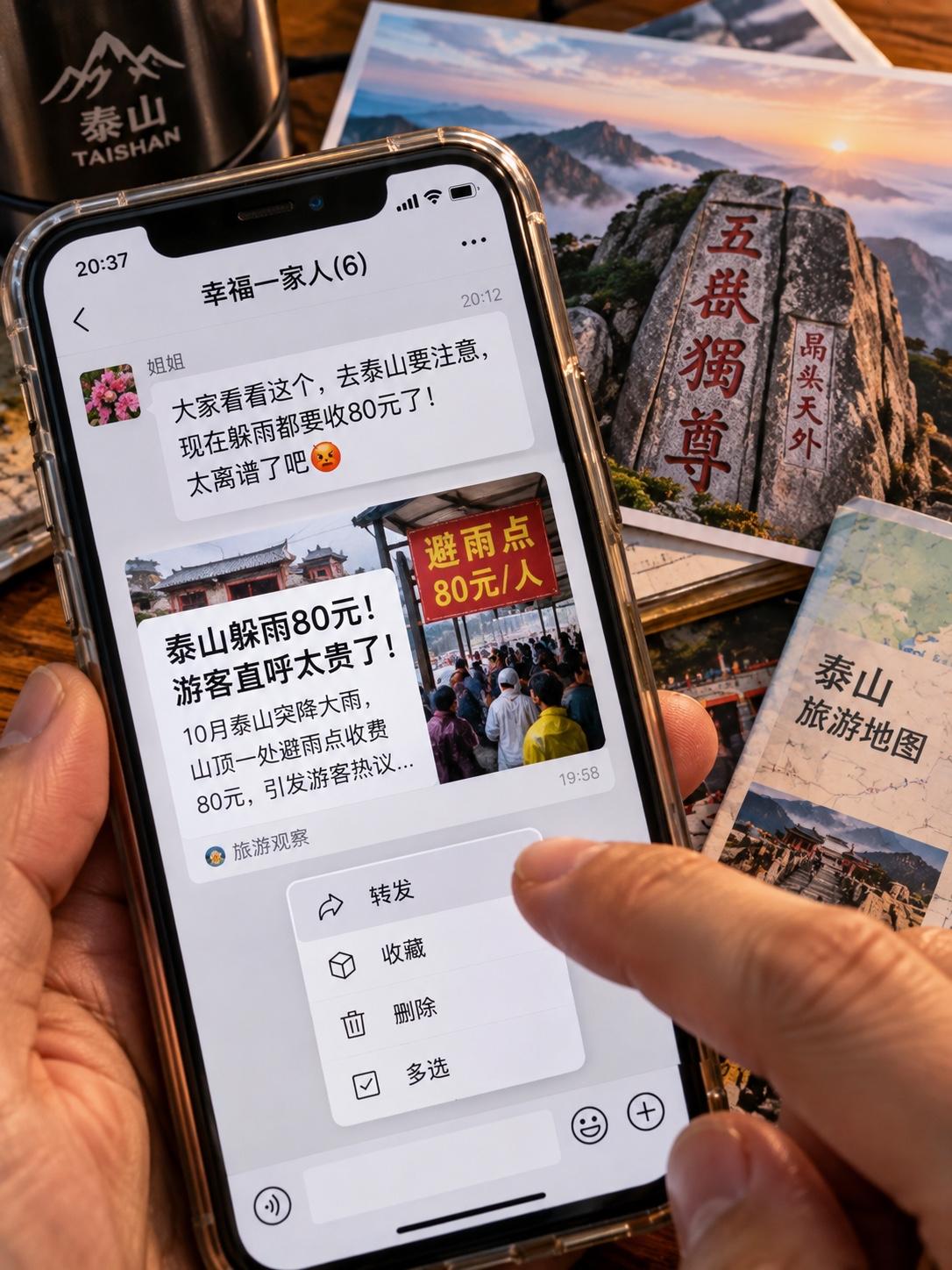 我妈第一个转给我。然后又转给了三个群。

“泰山躲雨80块一小时！”配了张截图，