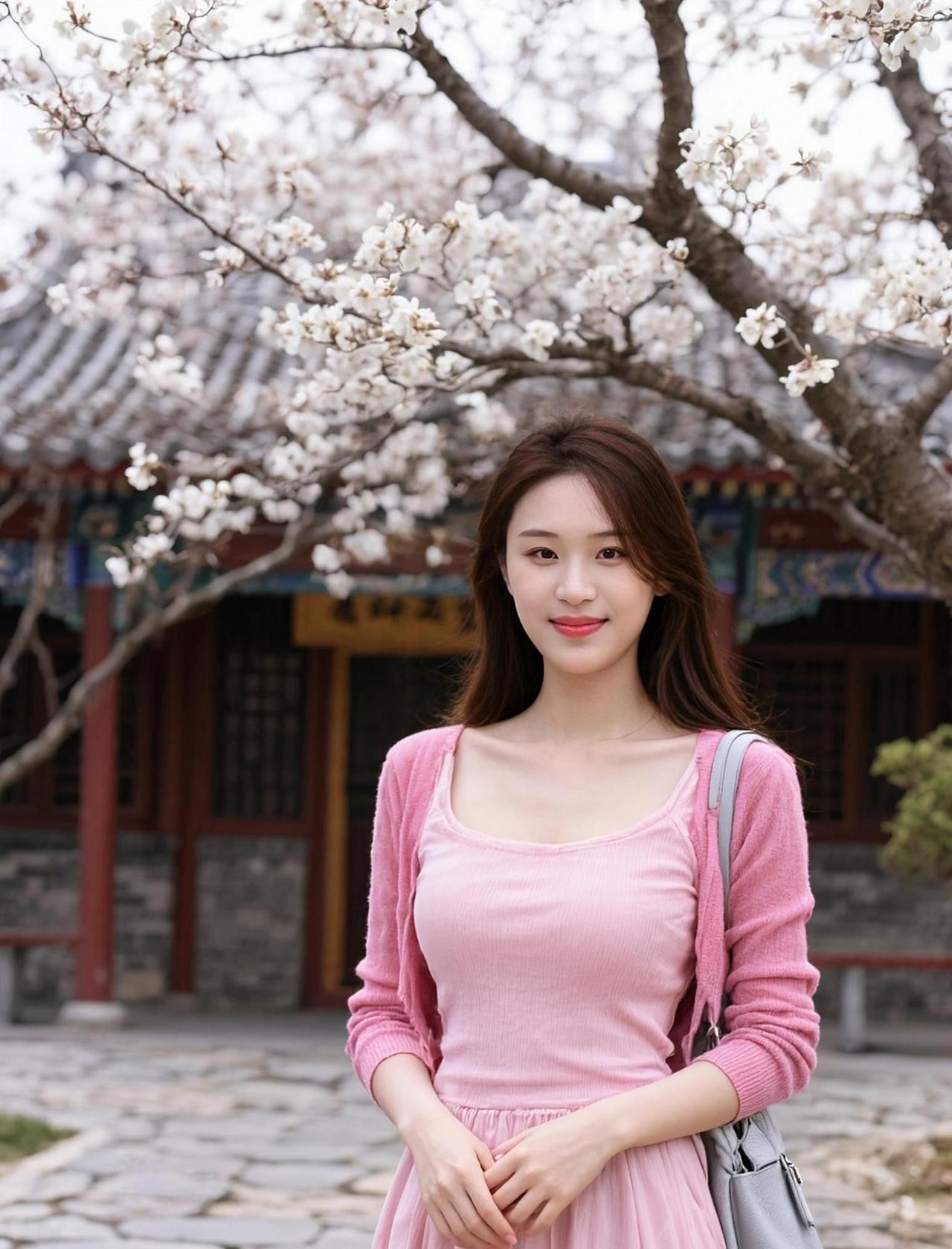 在这片花海中，粉色裙摆与柔美花瓣交织成梦。阳光透过枝叶，洒下斑驳光影，仿佛时间在