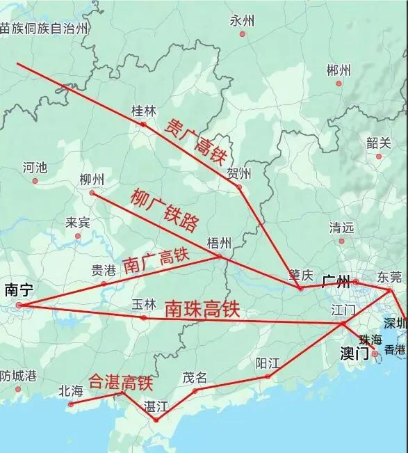 广西将有五条高铁通广东，2条开通3条在建…