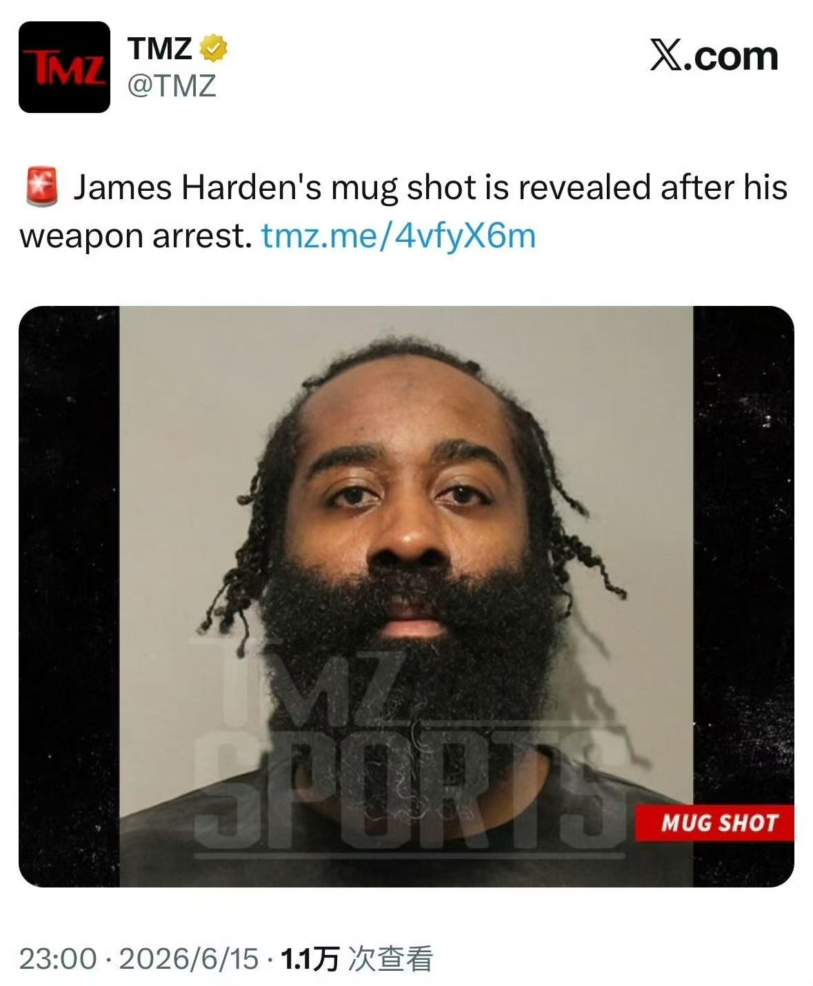 哈登涉嫌非法携带武器被捕哈登被捕照片公开发型和胡子些许潦草克利夫兰骑士骑士nba