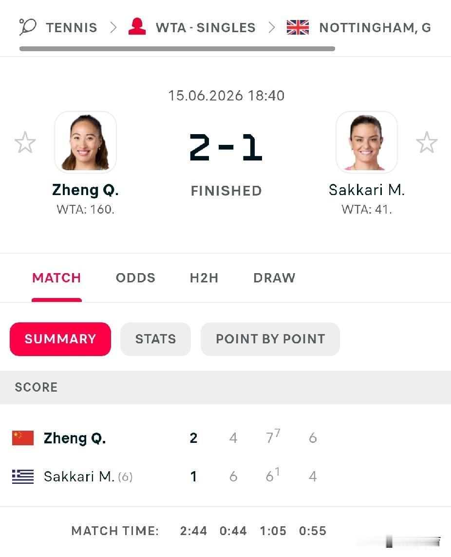 经过164分钟鏖战，郑钦文终于赢球了！

在WTA250诺丁汉站网球公开赛上，郑