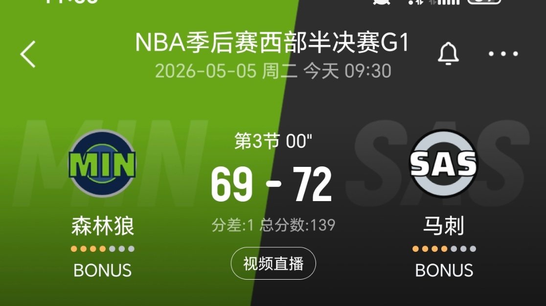 三节结束，马刺72-69森林狼森林狼vs马刺nba季后赛