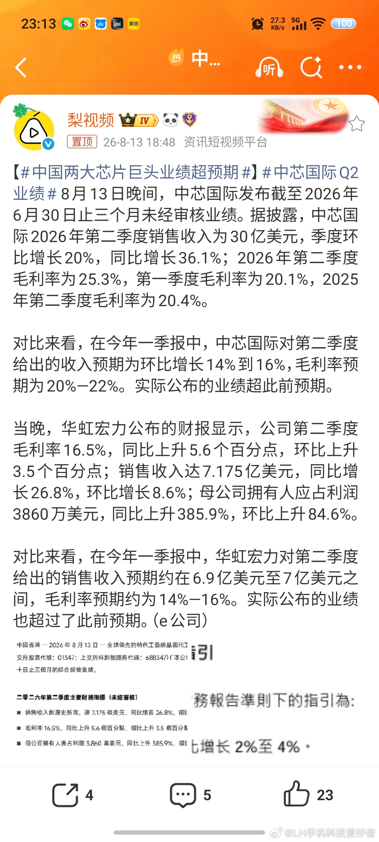 中国两大芯片巨头业绩超预期中芯国际和华虹宏力都公布了业绩，从数据来看整体发展是比