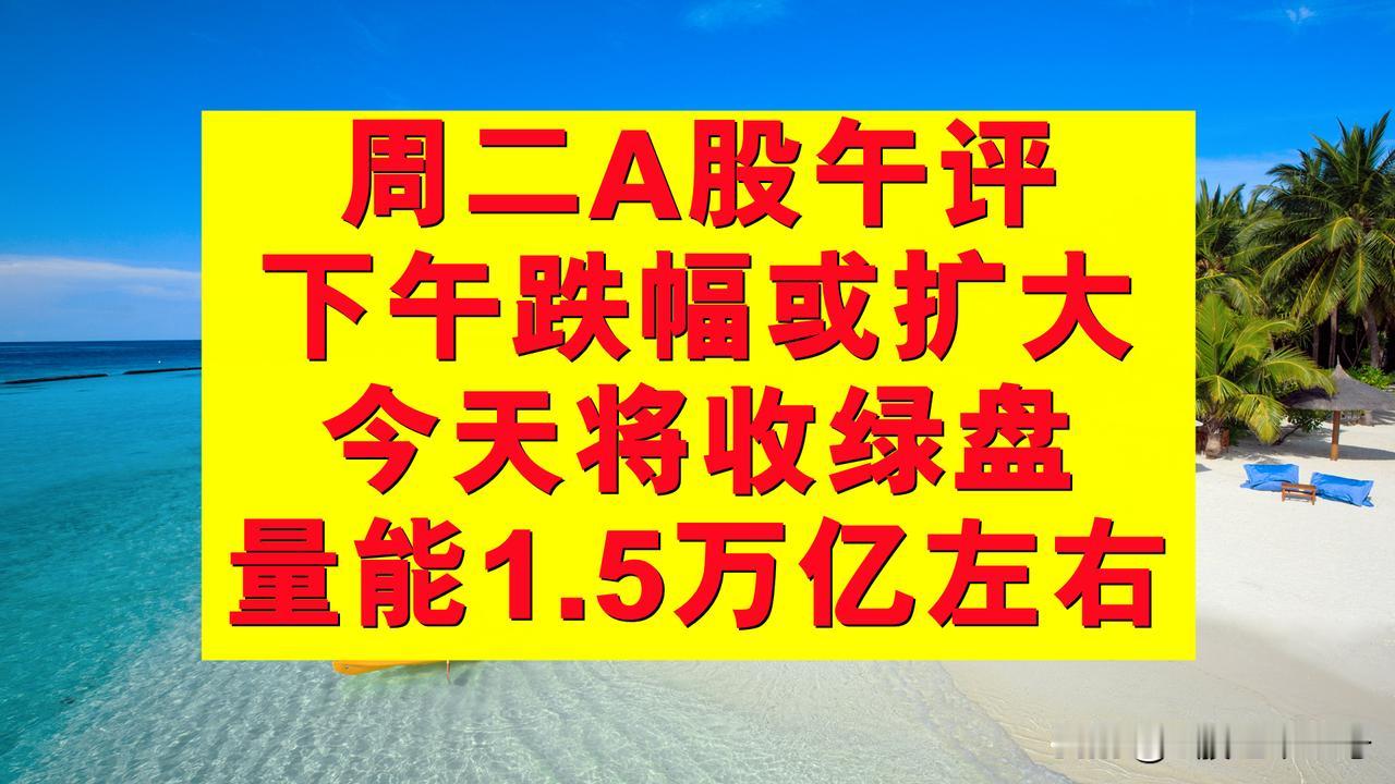 周二A股午评：下午跌幅或扩大，今天将收绿盘，成交量1.5万亿左右。

1、周二早