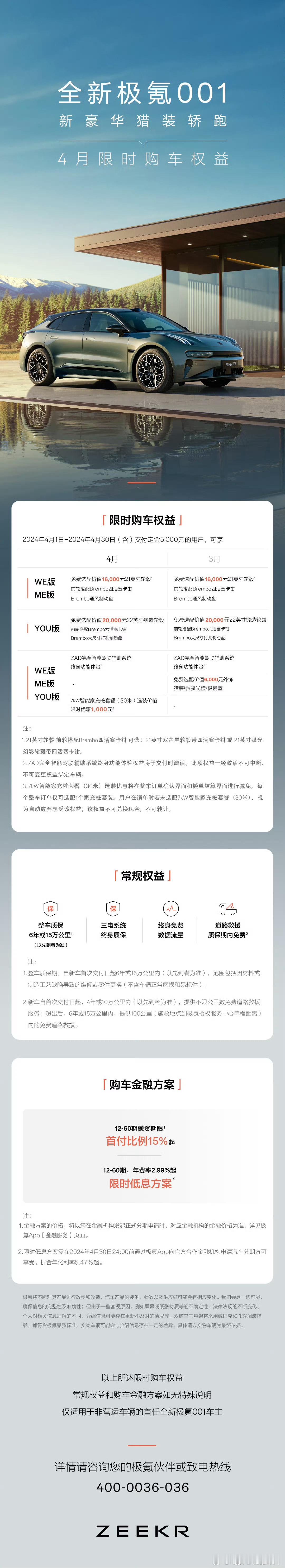 #全新极氪001# 4月权益变化很小，限定色免费换成充电桩优惠。基本没退破，符合