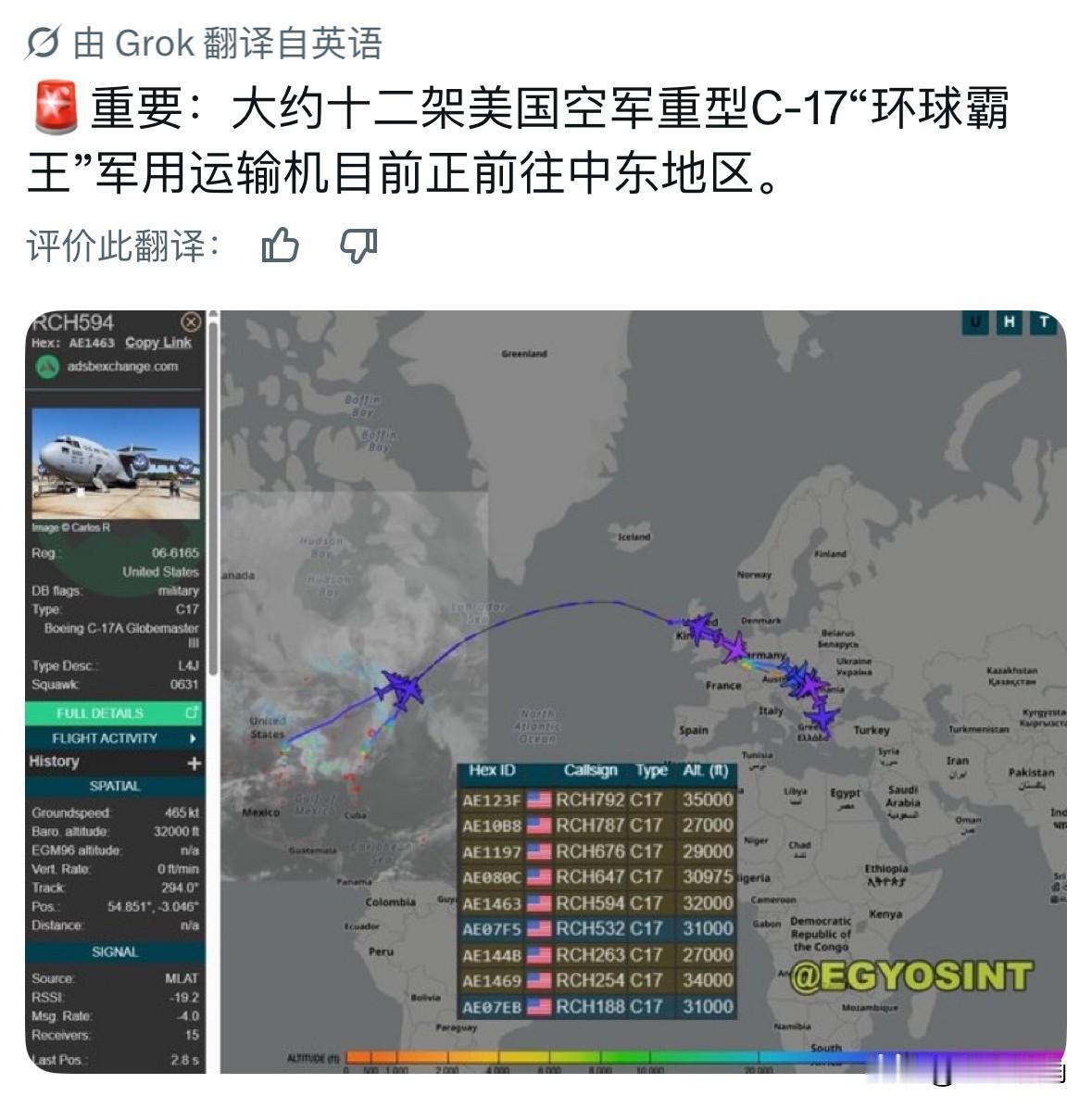 美伊战争或将再次爆发！大约十二架美国空军重型C-17“环球霸王”军用运输机目前正