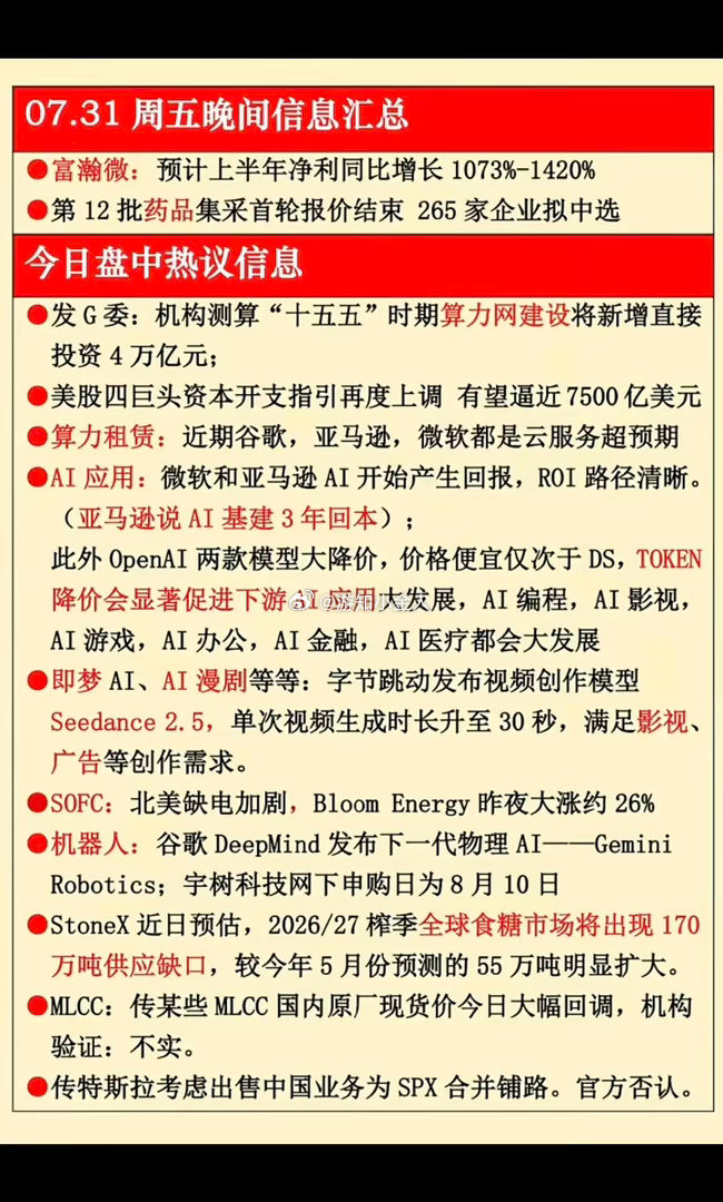 7.31周五  晚间财经信息汇总！1.算力网建设，算力租赁2.人工智能，AI应用