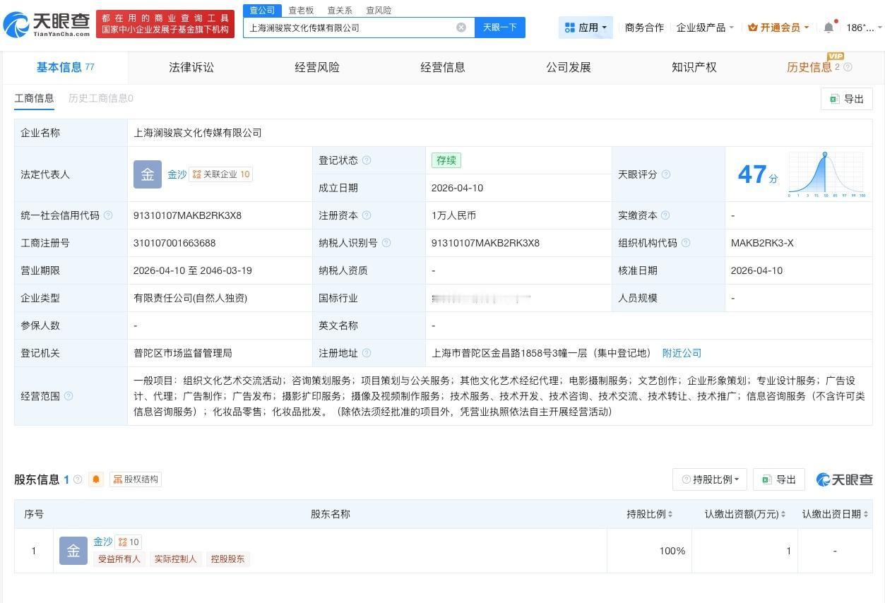 金莎成立新公司
金莎新公司名叫澜骏宸
天眼查App显示，近日，上海澜骏宸文化传媒
