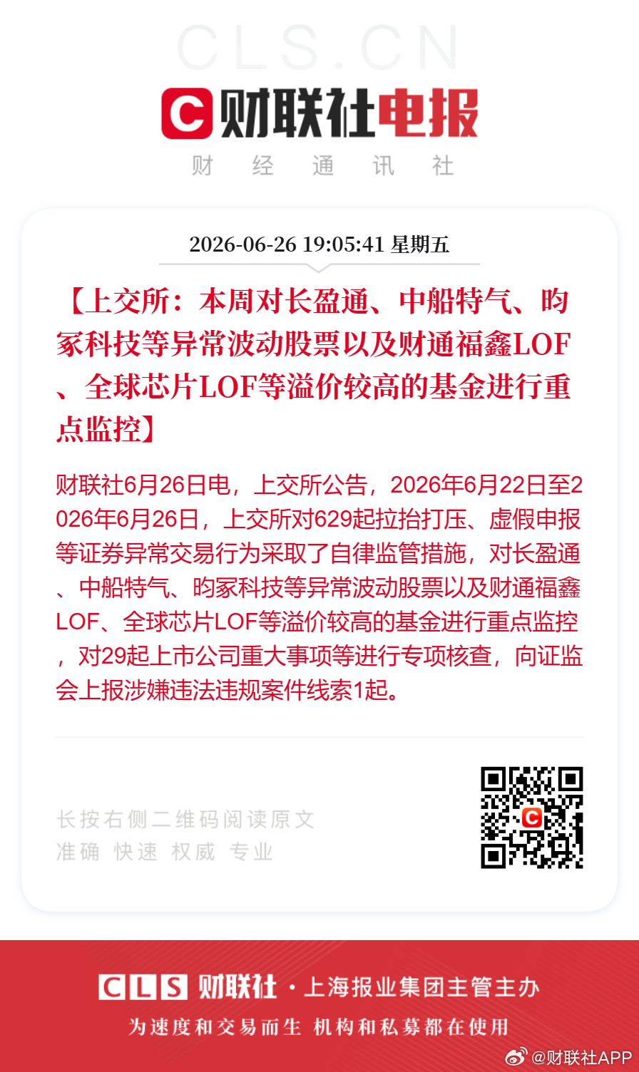【上交所：本周对长盈通、中船特气、昀冢科技等异常波动股票以及财通福鑫LOF、全球