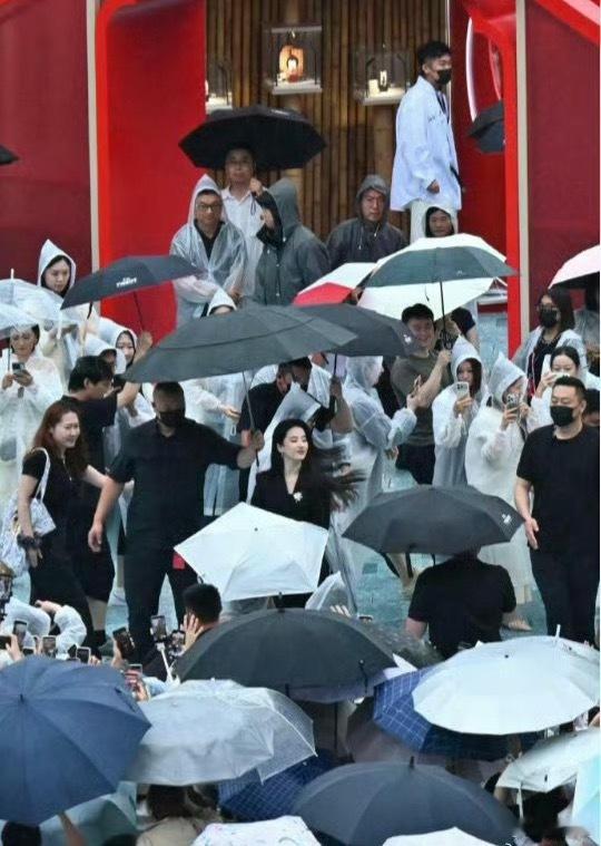 刘亦菲整个团队都穿黑色清一色黑色穿搭氛围感拉满，干练黑西装加持，优雅与酷感兼备，