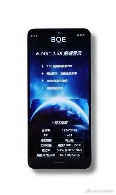 京东方全新1.5K LCD高刷屏！– 6.74"2720*1224p、120/1