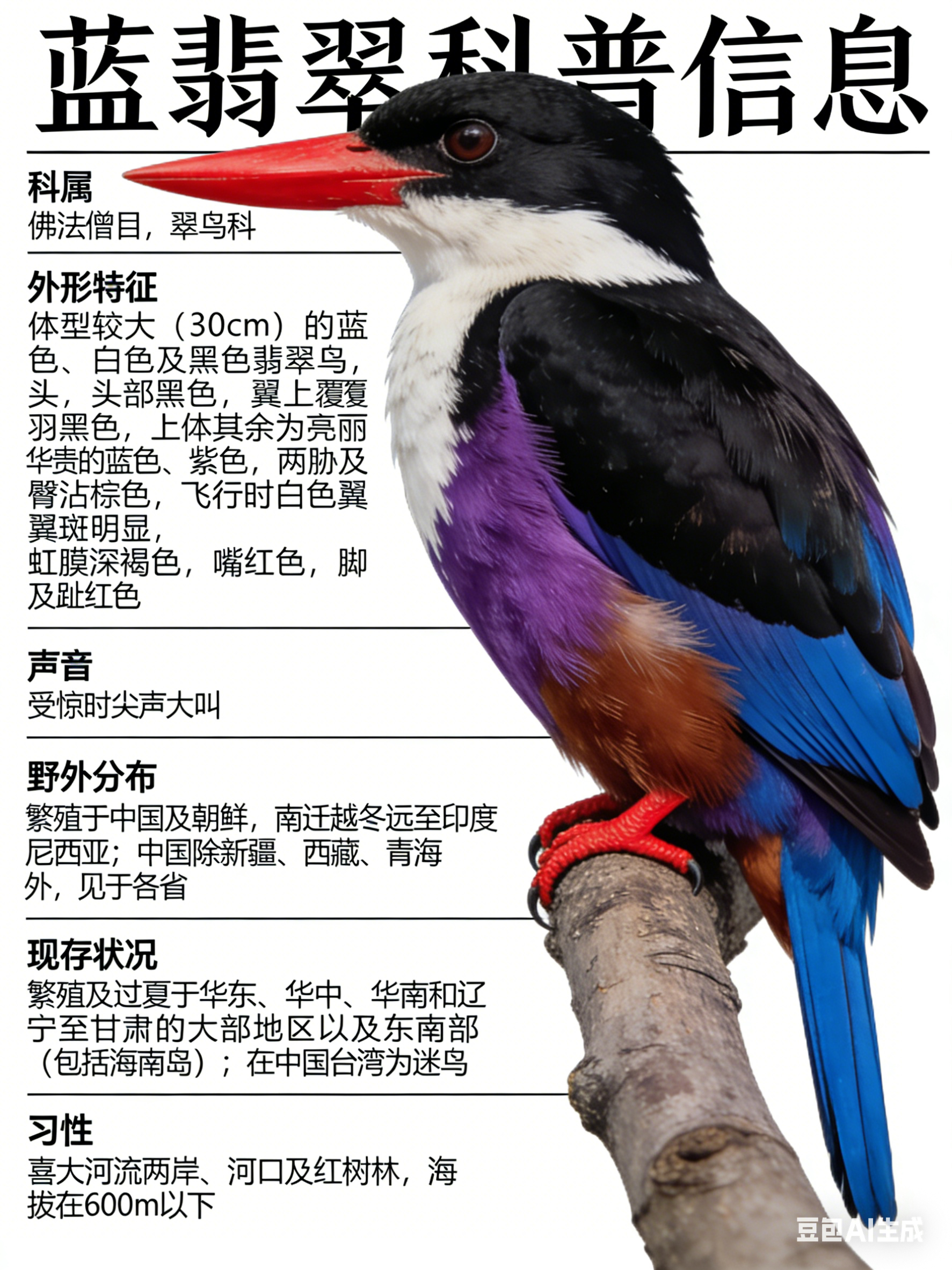 鸟类朋友图鉴 蓝翡翠·科属：佛法僧目，翠鸟科。·外形特征：体型较大（30cm）的