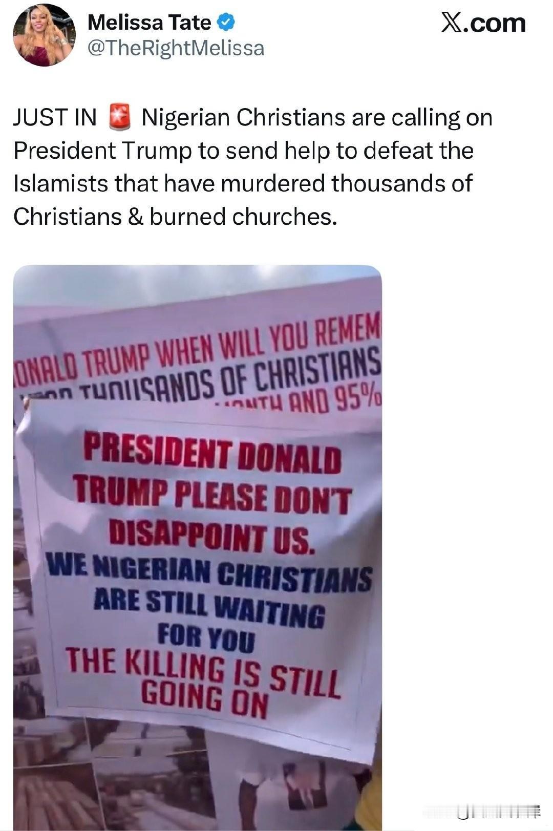 快讯 🚨 尼日利亚基督徒呼吁川普总统提供帮助，以打击杀害数千名基督徒并烧毁教堂