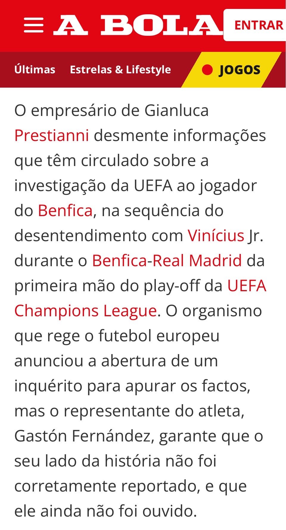 🚨普雷斯蒂安尼的经纪人加斯顿·费尔南德斯声明："关于普雷斯蒂安尼在欧足联调查中