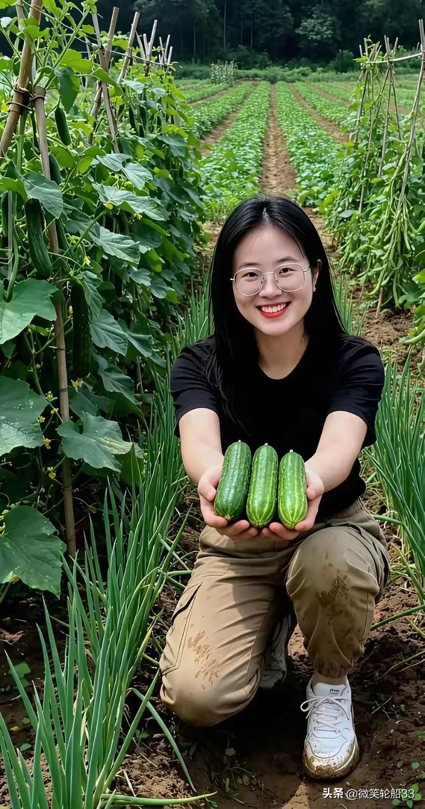 辛勤劳作一年后，丰收的喜悦笑在脸上，美女是请大家吃黄瓜吧？太谢谢你的热心肠啦！