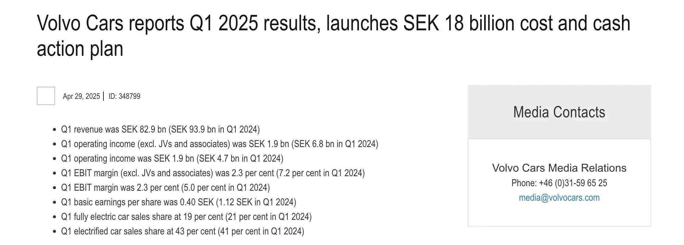 沃尔沃 日前，沃尔沃汽车官方公布2025年第一季度业绩报告，并宣布启动一项总额高