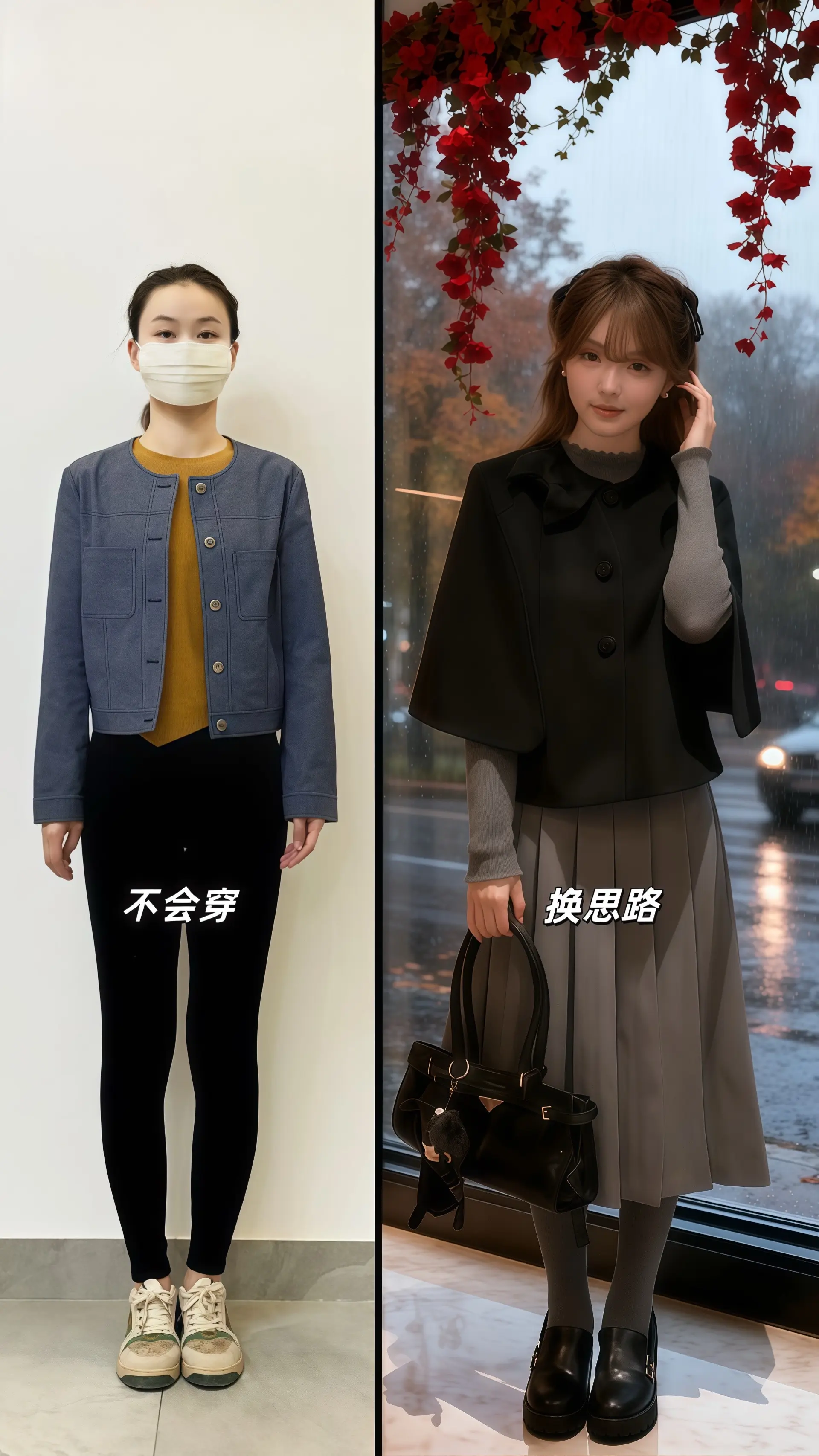 她穿着法式气质两件套，圆领处的黑色蝴蝶结随动作轻晃，斗篷外套的垂坠感裹...