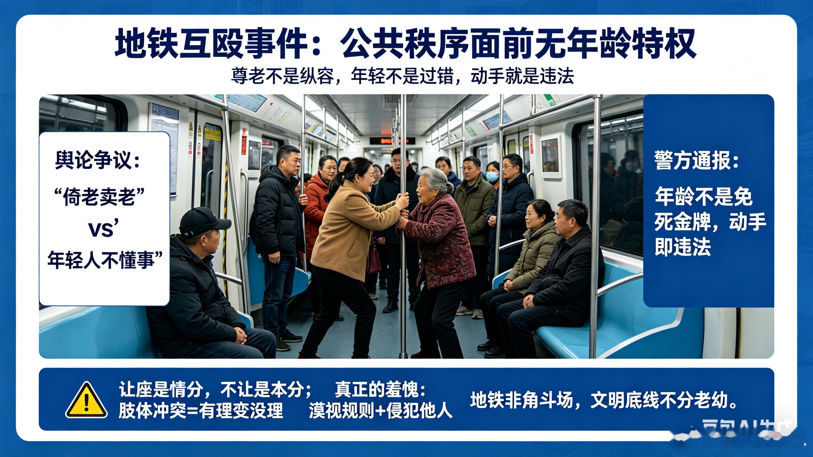 尊老不是纵容，年轻不是过错，动手就是违法。32岁女子与66岁老太地铁互殴，舆论习