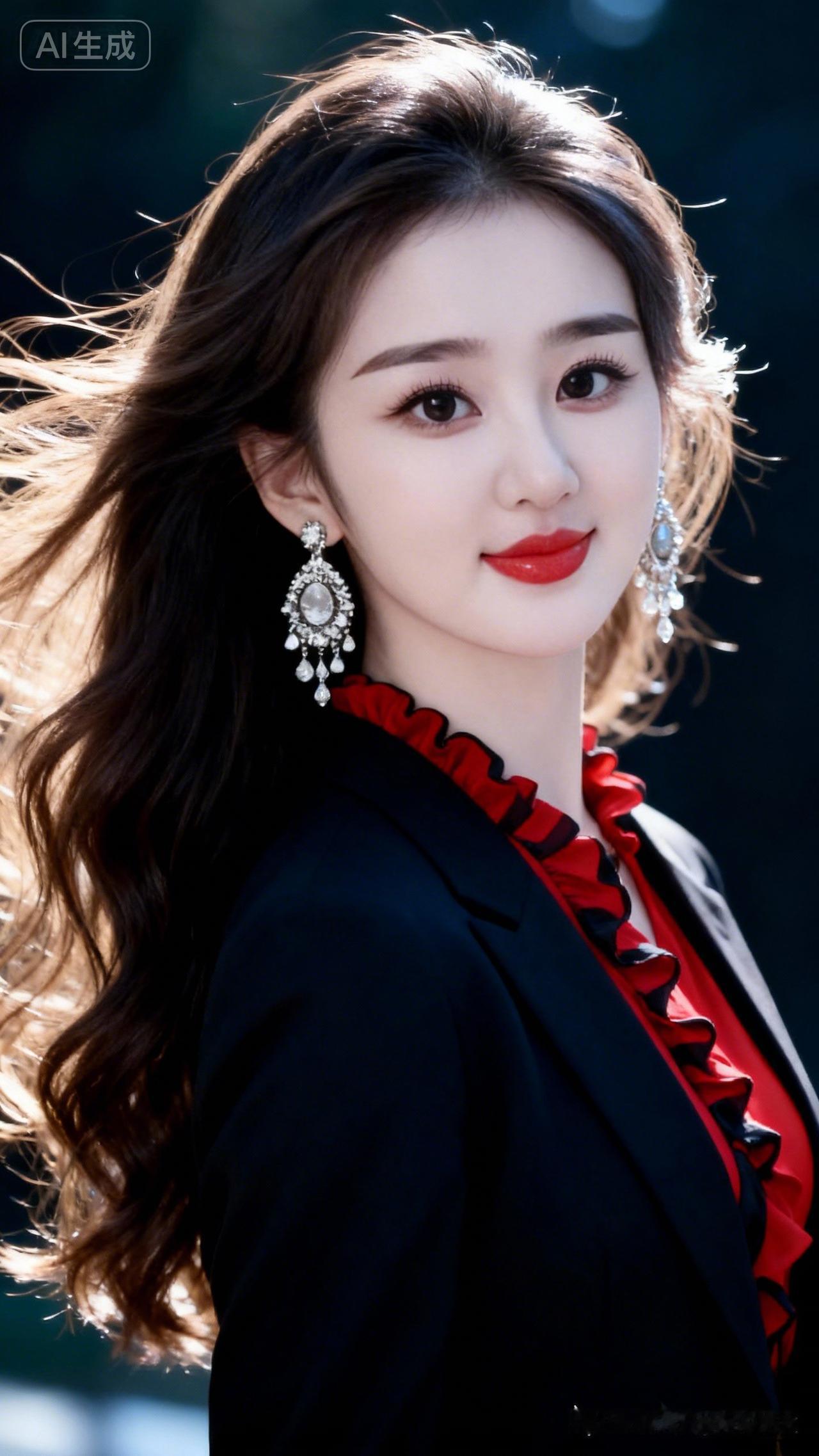绝色红颜，肌肤白皙细腻光滑，长发微卷飘逸带翻翘。深色朦胧背景，冷白光影衬得红唇明