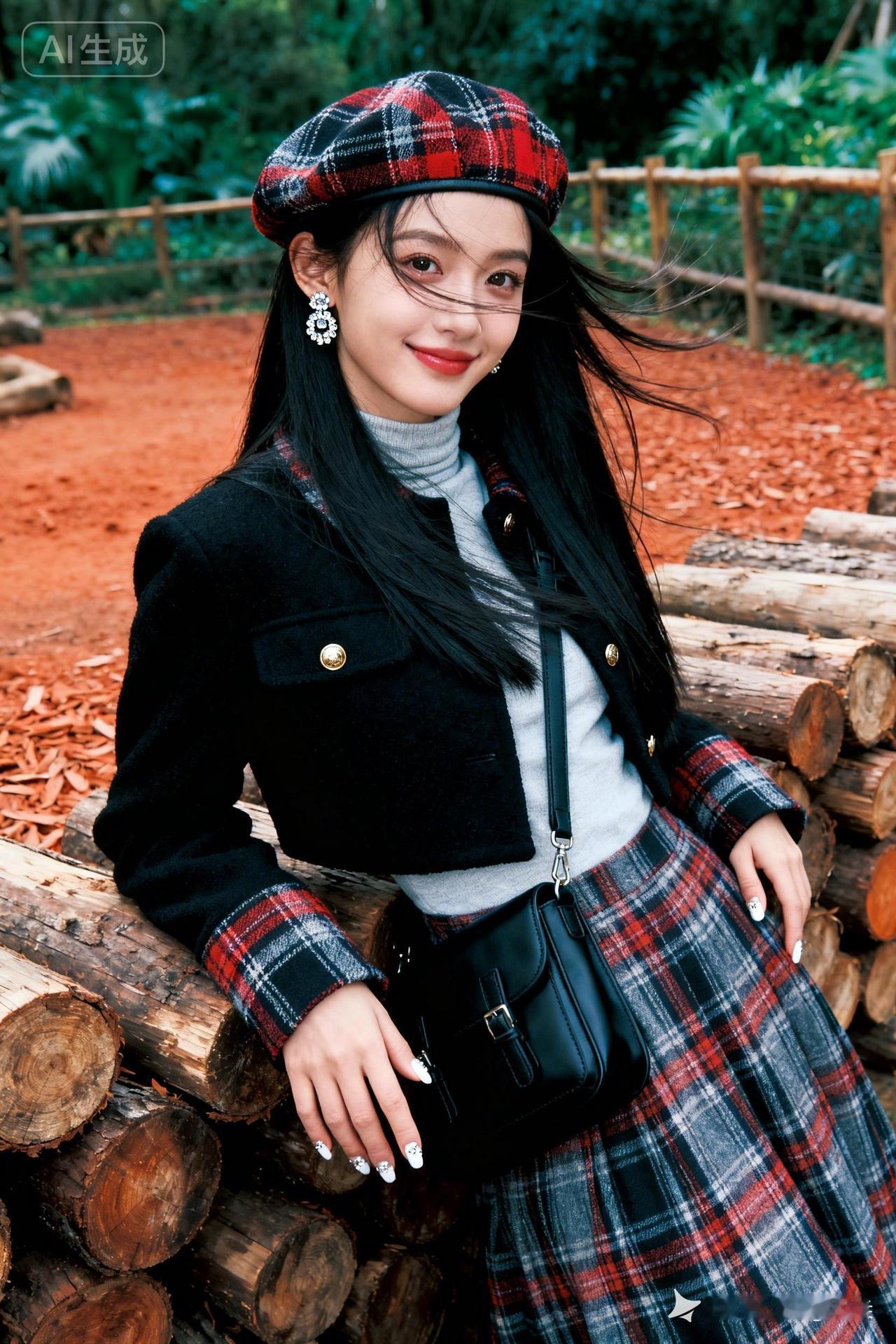 少女倚靠粗木，侧光轻吻冷白肌肤，发丝微乱垂肩，呈现甜美元气又带慵懒森系的情绪氛围