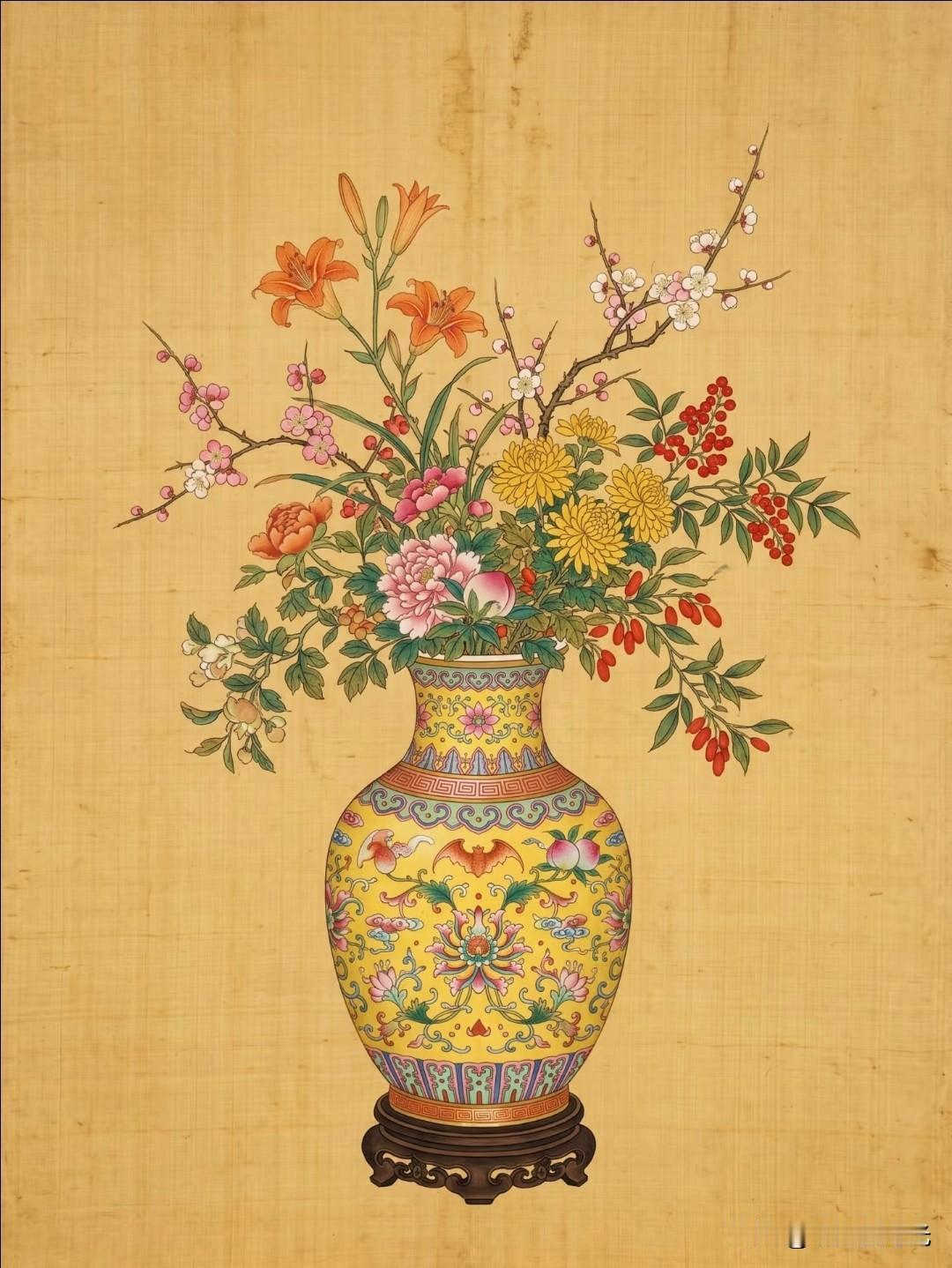 瓶中繁花盛，藏尽东方富贵与安宁
酌月绘国风美学花卉图分享中式花卉图
插画花花瓶