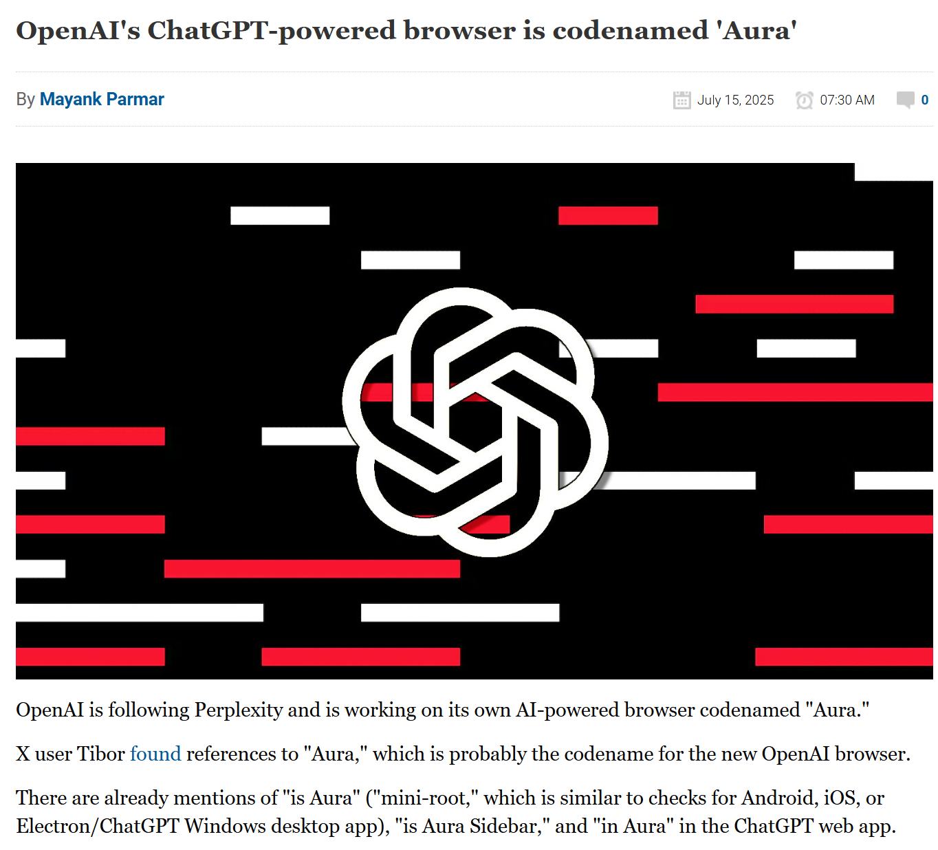 【OpenAI 内部代号「Aura」AI 浏览器曝光】有开发者在 ChatGPT