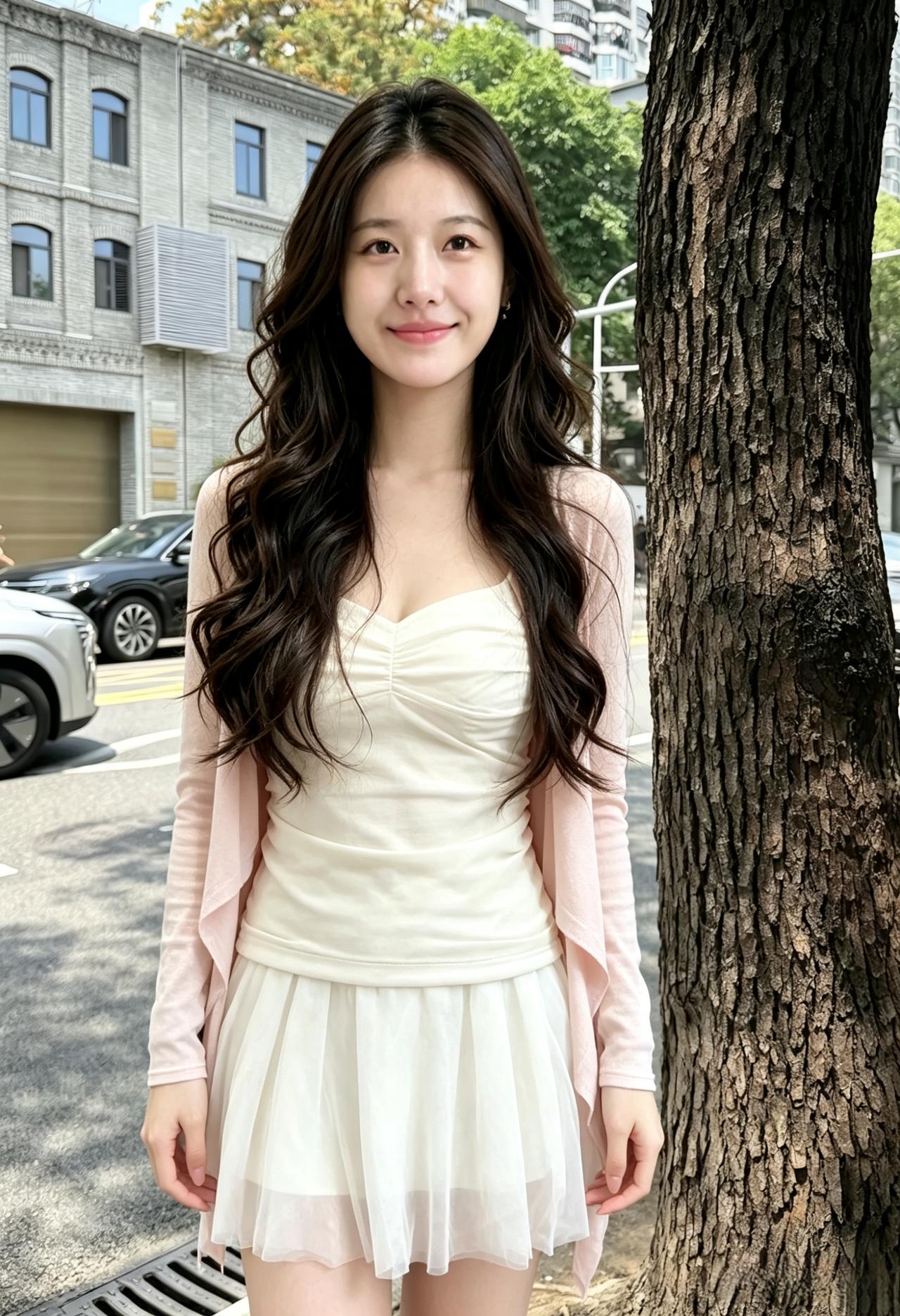 粉衫白袂立晴光，卷发如云衬淡妆。
一笑便教春色软，街前风过也含香。