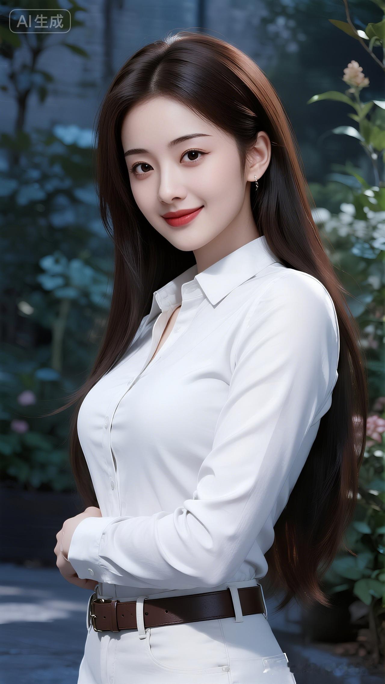 优雅白衬衫，自信微笑，都市女性魅力