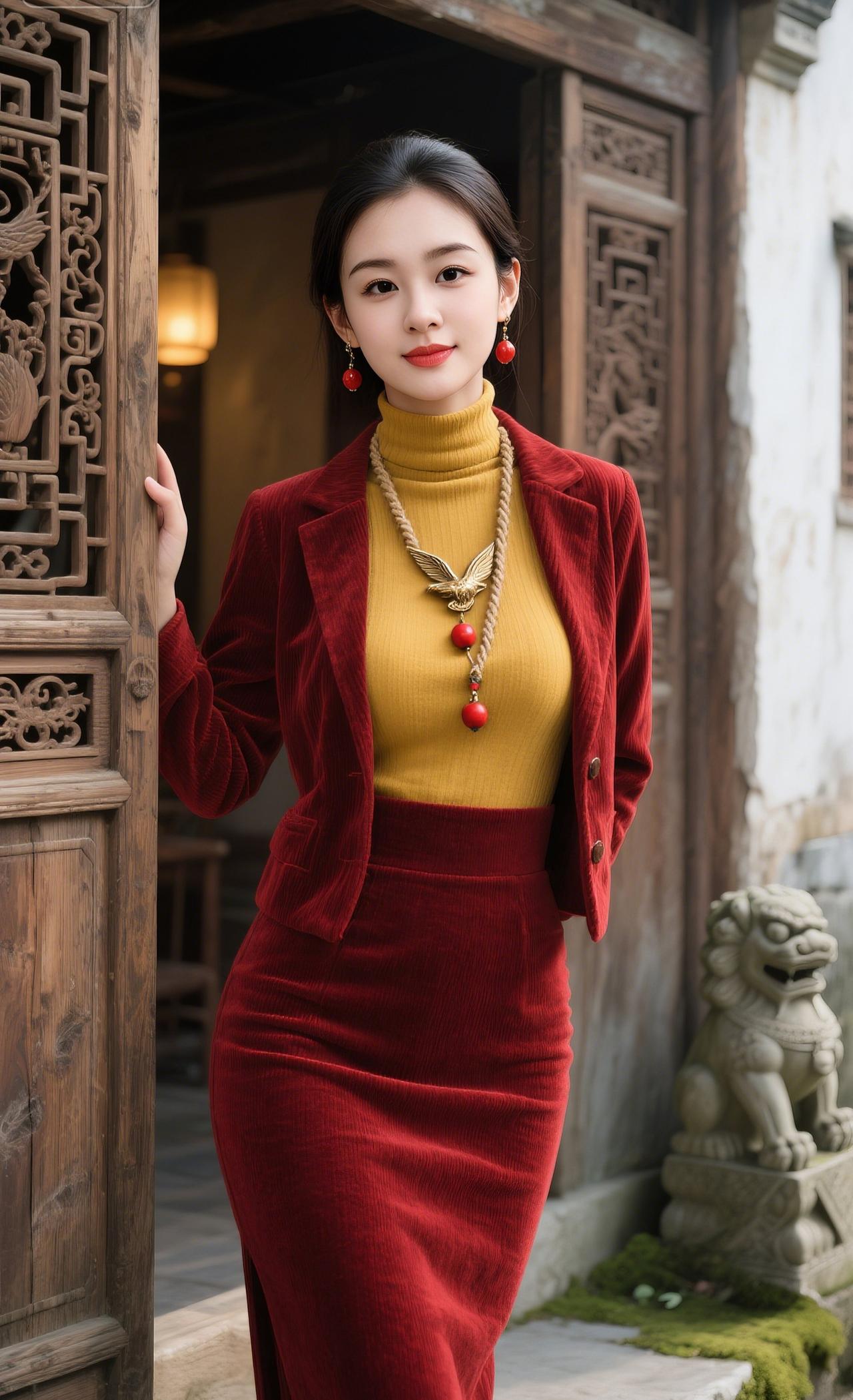 上联：绛裙朱衣，一点嫣红融古韵
下联：金衫玉貌，满园春意上眉梢