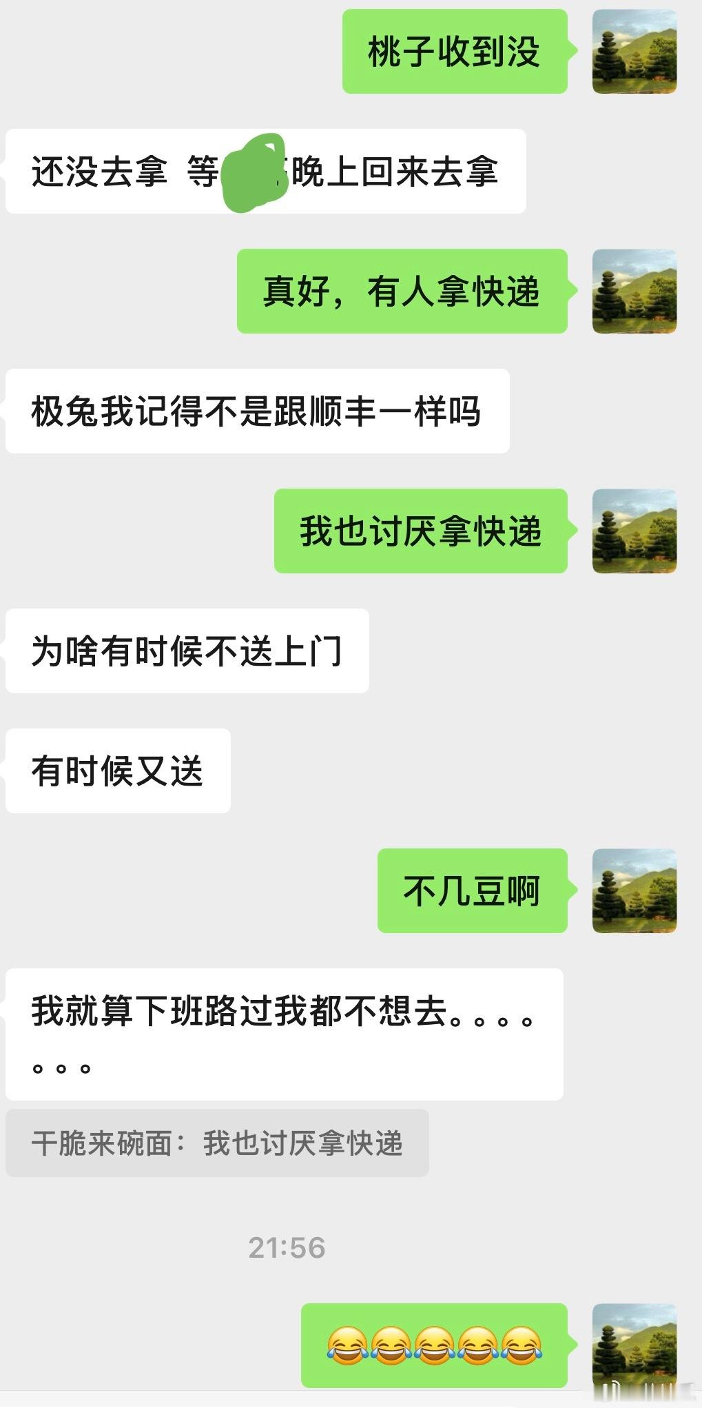 有没有姐妹不喜欢拿快递呀我给我妹寄了桃子，问她拿了没有，她说等妹夫回来的时候拿我