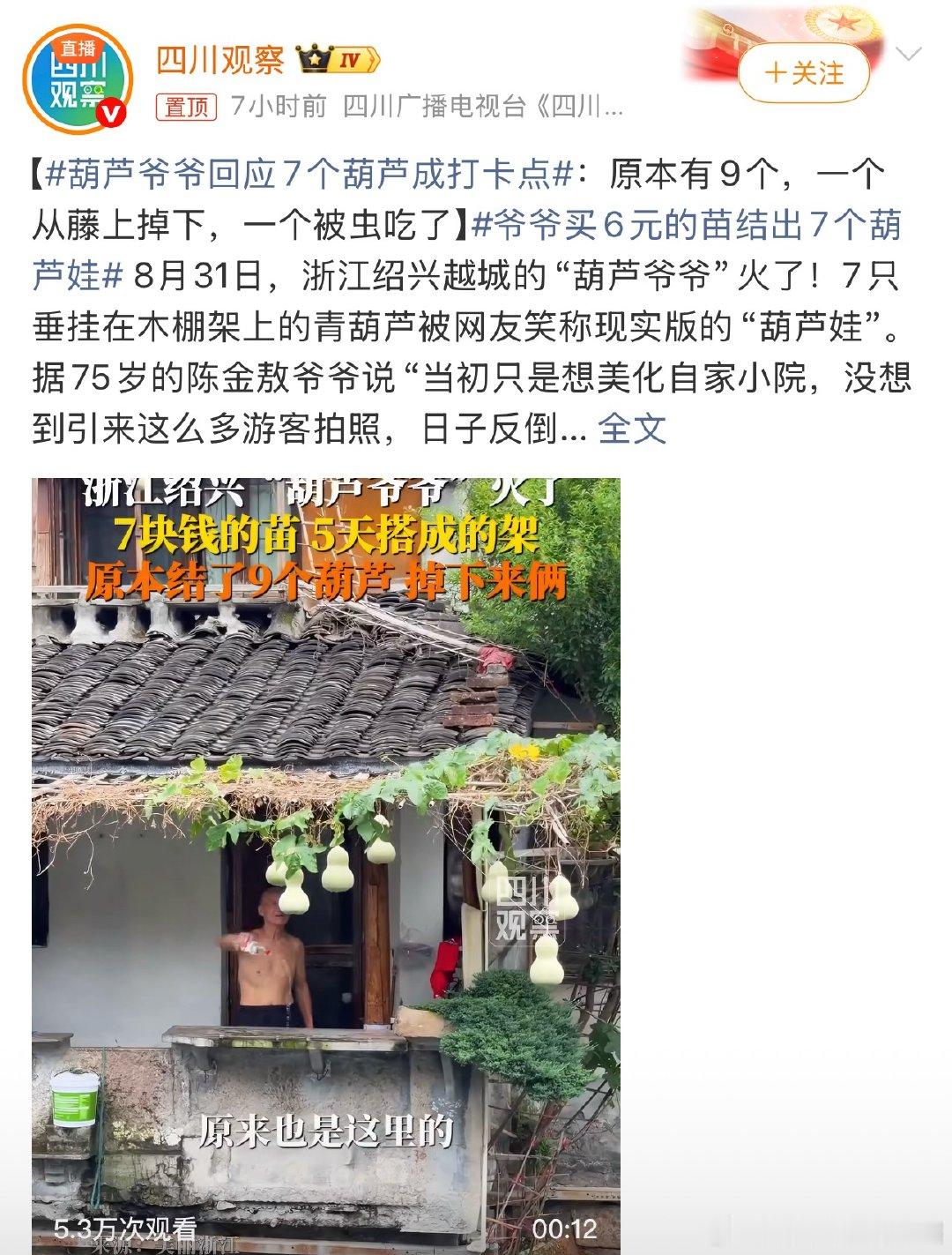 爷爷买6元的苗结出7个葫芦娃[笑cry]这个画面也太美好了，感觉这位老爷爷都变可
