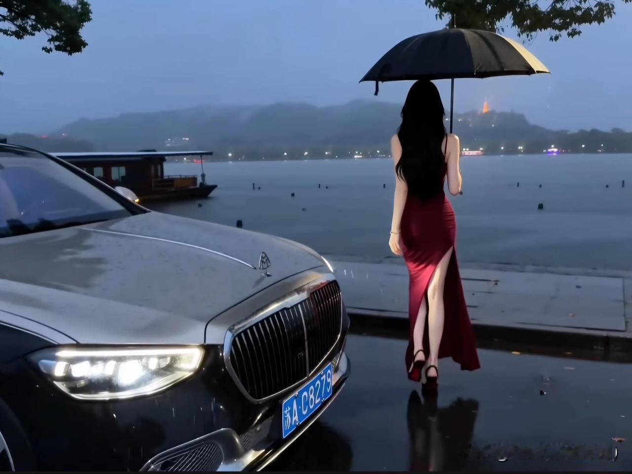 七绝·雨湖丽影
文/刚柔
 
缓步娉婷踏雨堤，青丝漫拂软肩低。
红裙一柄孤擎伞，