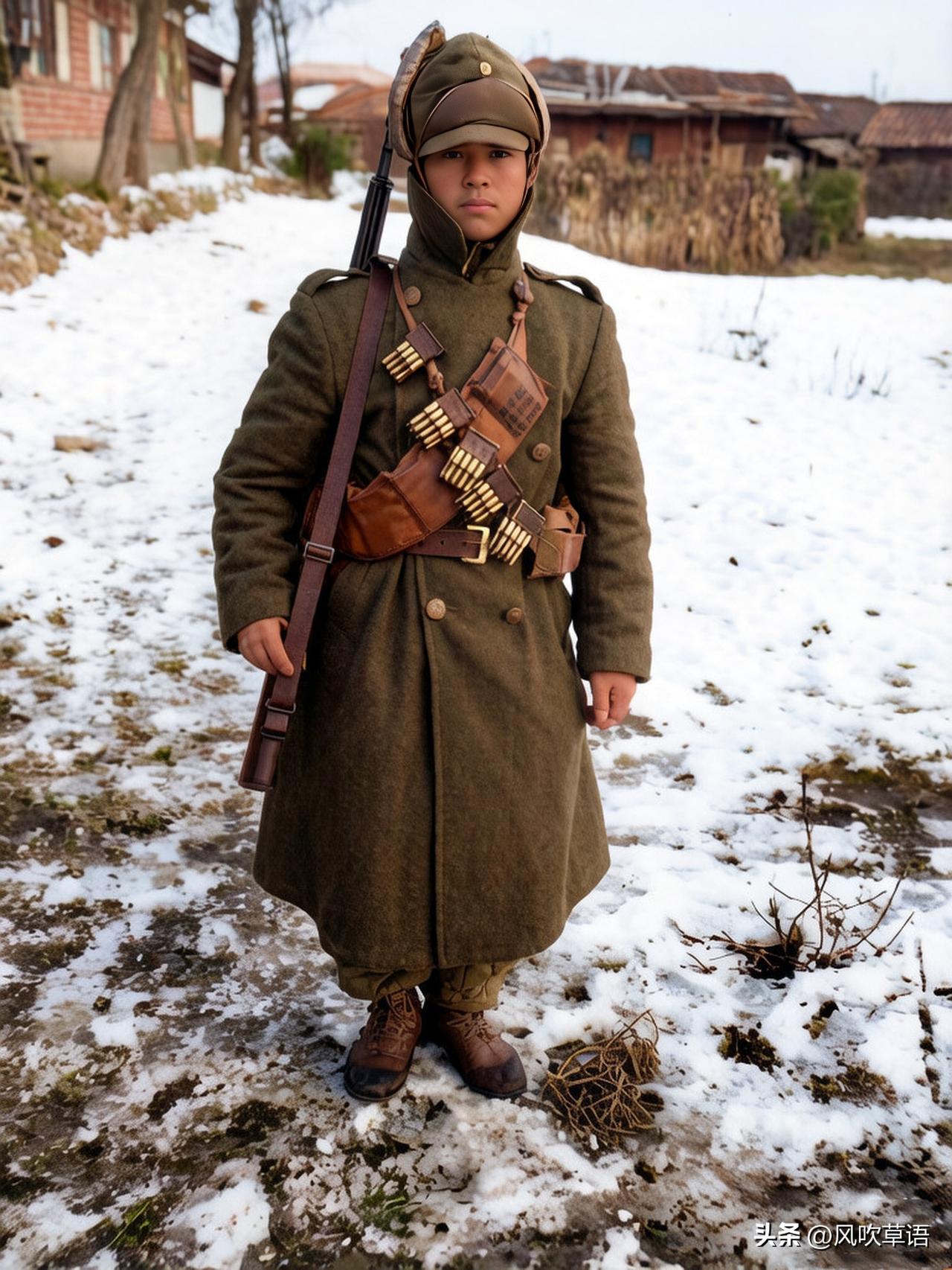 1951年，在冰天雪地里站岗的南韩士兵，虽然天气寒冷，但身体被棉帽、棉衣、棉鞋包