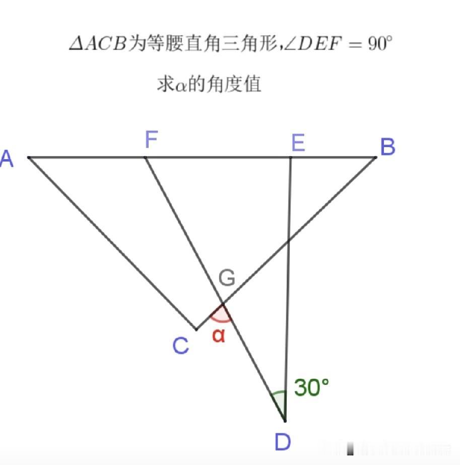 等腰直角三角形搭配直角三角板的中考几何题，已知30°角，结合内外角定理求α，好多