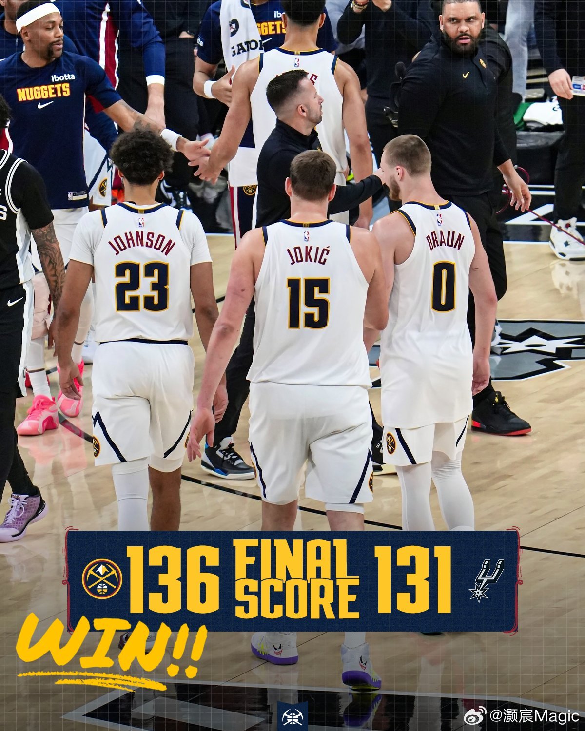 掘金战胜马刺约基奇31分20板12助 掘金136-131马刺，文班亚马缺席，掘金