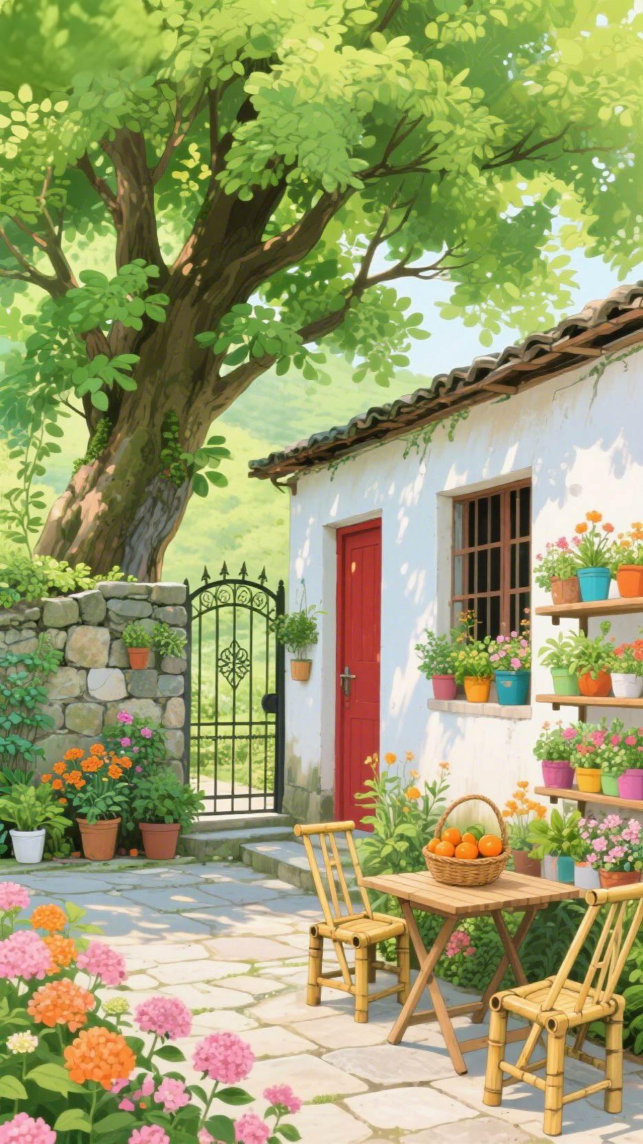 《小院里的夏日光》
 
推开门，风裹着草木香撞满怀——老墙爬满青藤，红门像被夏阳