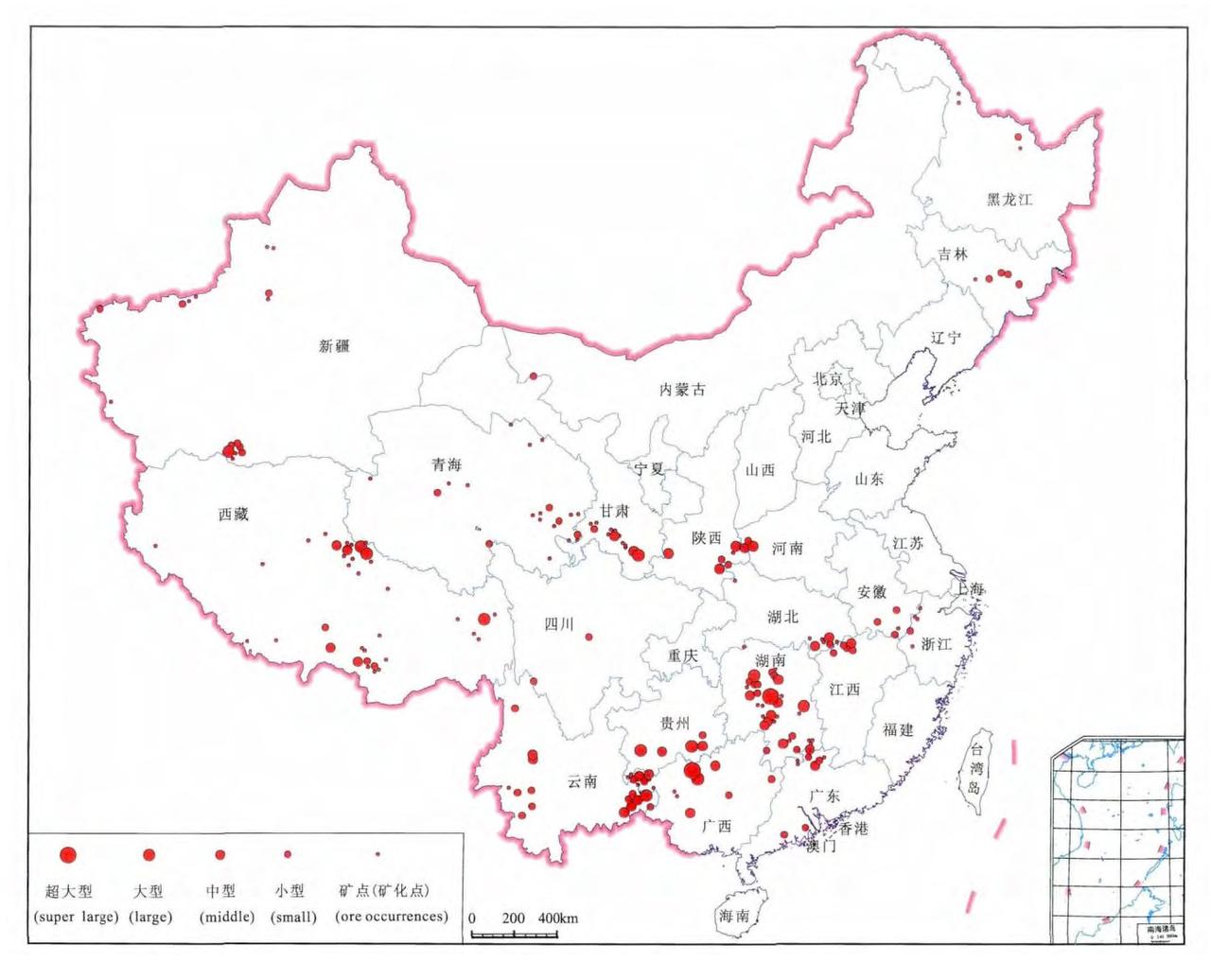 中国锑矿床分布地图