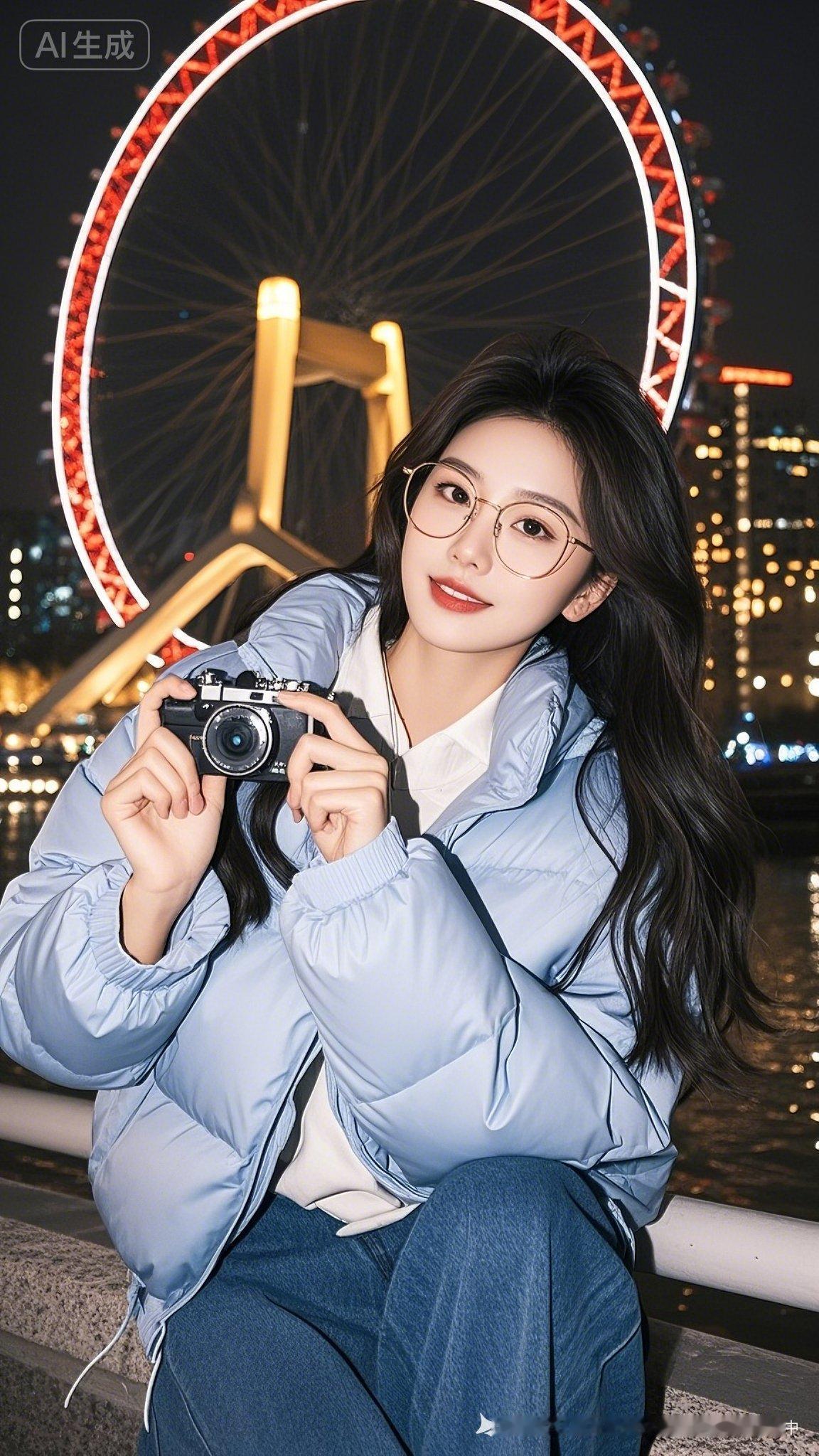 夜晚的摩天轮前，少女手持相机，微笑定格美好瞬间。
